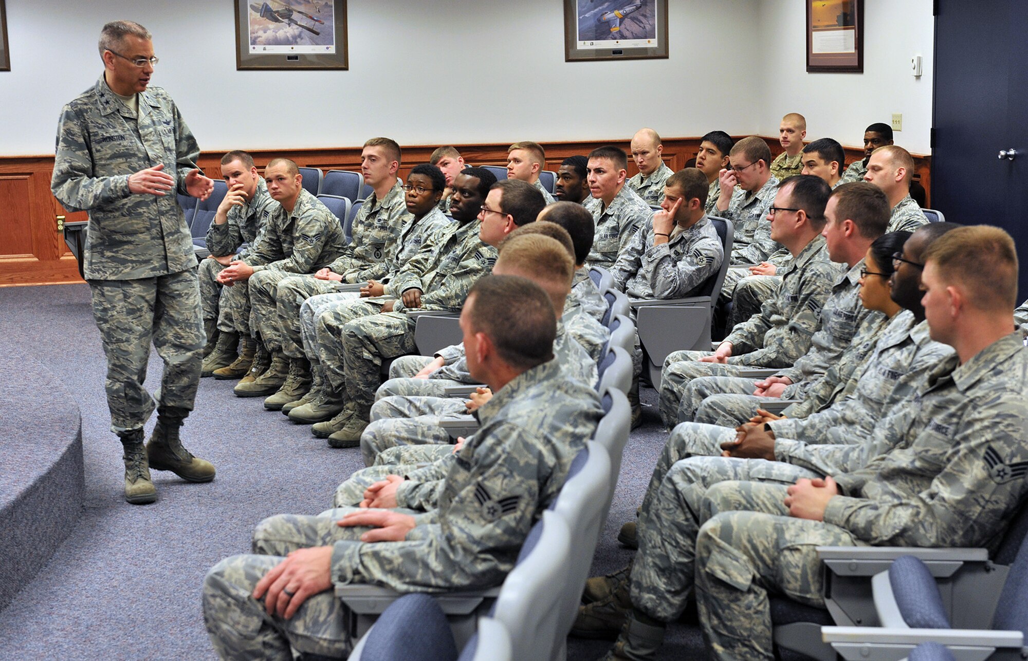 Maj. Gen. Jack Weinstein, 20th Air Force commander, addresses the students of Malmstrom Air Force Base’s Airman Leadership School Class 14-E April 1 about the importance of their future roles as supervisory staff sergeants.  The general also discussed some of the procedure changes and incentives proposed by the Force Improvement Program that are reinvigorating the Minuteman Intercontinental Ballistic Missile mission at Malmstrom, Minot and F.E. Warren AFBs. (U.S. Air Force photo / John Turner)