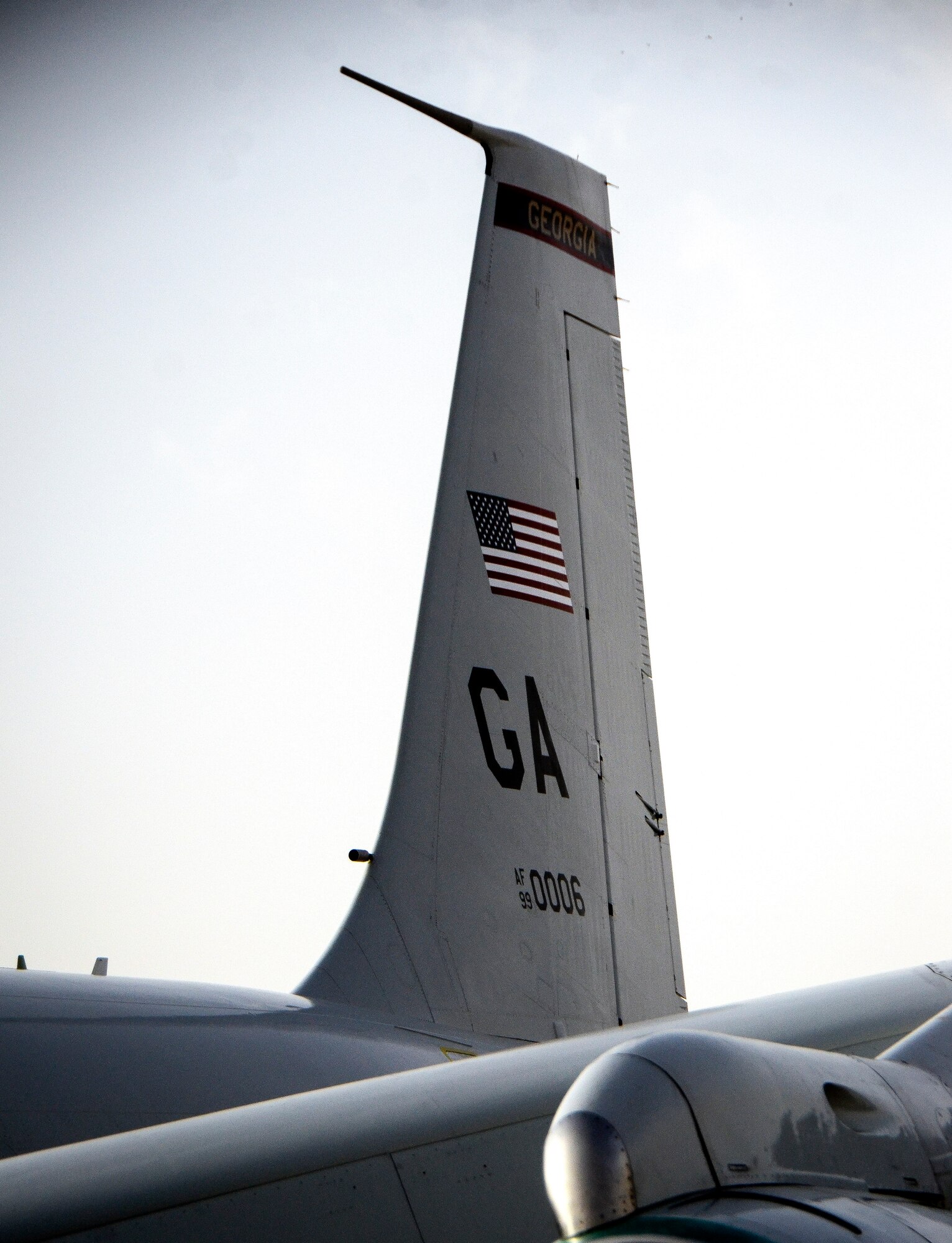 The tail of an E-8C Joint Surveillance Target Attack Radar System sits on a taxiway at Al Udeid Air Base, Qatar, May 1, 2014, after reaching a milestone of 100,000 flying hours to include more than 88,000 hours in the U.S. Central Command area of responsibility since 2001. The JSTARS mission is to provide ground commanders with intelligence, surveillance and reconnaissance air power to boost force protection, defensive operations, over-watch and combat search and rescue missions throughout the AOR.  (U.S. Air Force photo/Senior Airman Jared Trimarchi) 