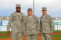 (From left) Col. Stacey Hawkins, 10th Air Base Wing commander, Col. Jonathan Sutherland, 50th Network Operations Group commander, and Col. John Shaw, 21st Space Wing commander, pose for a photo after throwing the first pitches before the Colorado Springs Sky Sox baseball game May 2, 2014 at Colorado Springs, Colo. The Sky Sox held a military appreciation night and offered free tickets to all military installations in the local area. (U.S. Air Force photo/Senior Airman Naomi Griego)  