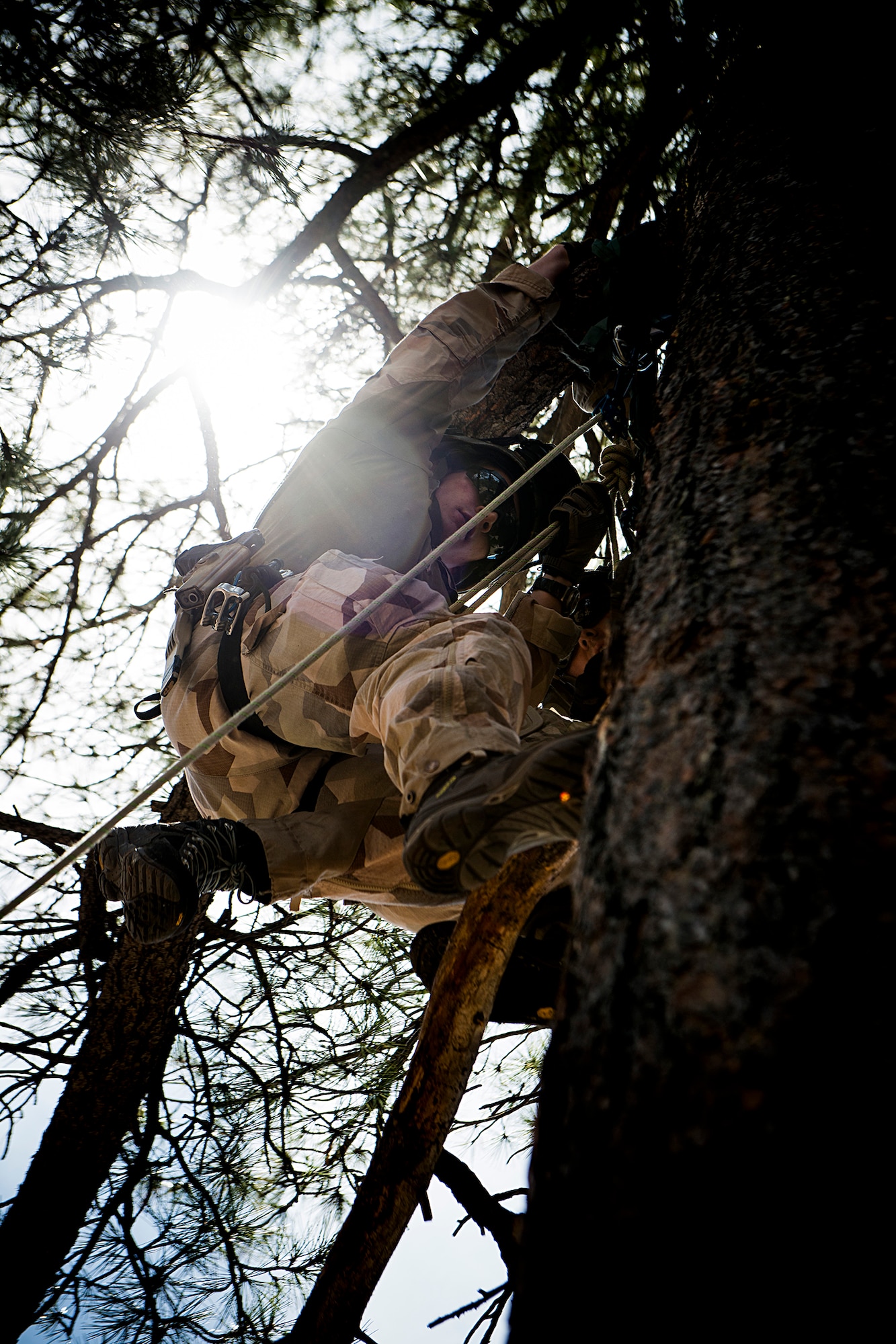 A U.S. Air Force pararescueman from the 58th Rescue Squadron out of Nellis Air Force Base, Nev., performs tree let-down procedures May 5, 2014, at Camp Navajo, Ariz., in part of Angel Thunder. The 23d Wing Airmen and assets from Moody, Nellis and Davis-Monthan Air Force Bases are scheduled to participate in the two-week long personnel recovery exercise. (U.S. Air Force photo by Staff. Sgt. Jamal D. Sutter/Released)  