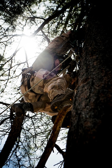 A U.S. Air Force pararescueman from the 58th Rescue Squadron out of Nellis Air Force Base, Nev., performs tree let-down procedures May 5, 2014, at Camp Navajo, Ariz., in part of Angel Thunder. The 23d Wing Airmen and assets from Moody, Nellis and Davis-Monthan Air Force Bases are scheduled to participate in the two-week long personnel recovery exercise. (U.S. Air Force photo by Staff. Sgt. Jamal D. Sutter/Released)  