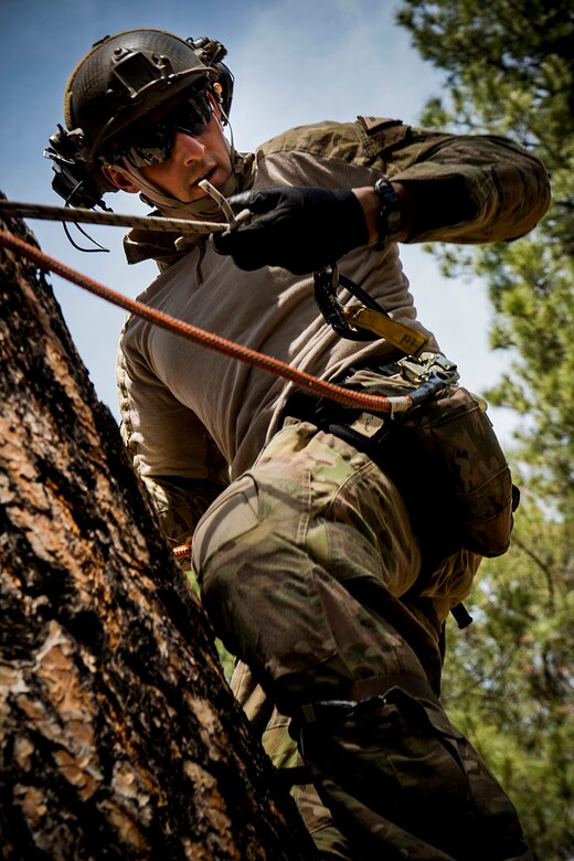 A U.S. Air Force pararescueman from the 58th Rescue Squadron out of Nellis Air Force Base, Nev., performs tree let-down procedures May 5, 2014, at Camp Navajo, Ariz., in part of Angel Thunder. Tree let-down procedures are used to rescue downed or injured personnel who parachute into trees and are unable to get down on their own. (U.S. Air Force photo by Staff. Sgt. Jamal D. Sutter/Released)  