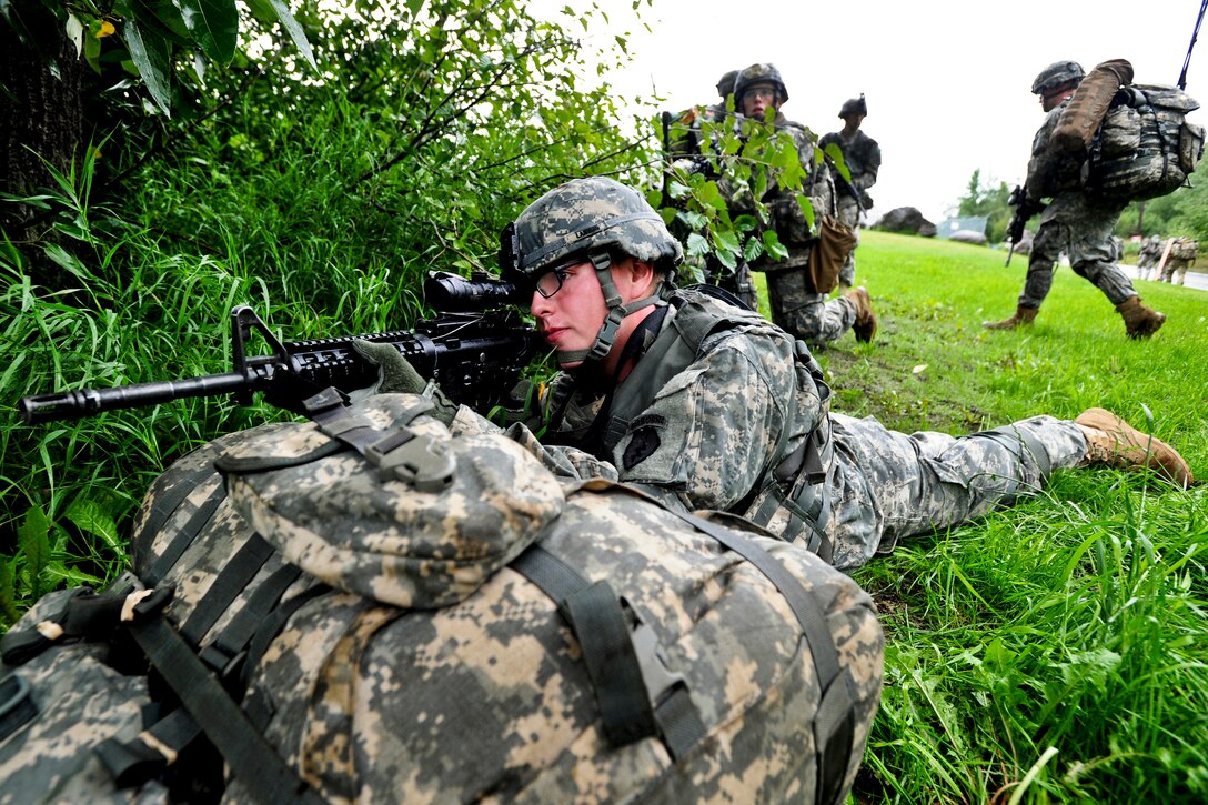 Army Pfc. JR Lanning provides security on the perimeter of the water treatment facility during training on Joint Base Elmendorf-Richardson, Alaska, Aug. 19, 2013. Lanning is assigned to the 1st Squadron Airborne, 40th Cavalry Regiment. 
