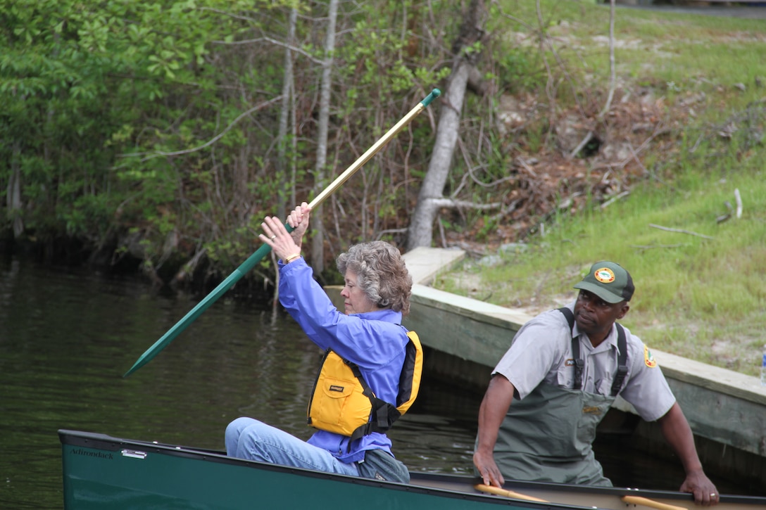 SOUT MILLS, NORTH CAROLINA -- Helene Haluska, who retired from the Army Corps of Engineers in 2011, has been a particpant for eight years in the Paddle for the Border event. Paddlers come from as far away as California to participate in the annual Paddle for the Border event. This year 340 people met at the South Mills, N.C. welcome center and paddled 11 miles - and across the Virginia state line - to a picnic area for lunch. 