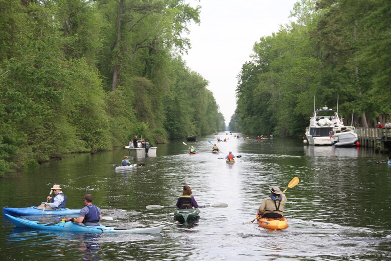 SOUTH MILLS, NORTH CAROLINA -- Paddlers come from as far away as California to participate in the annual Paddle for the Border event. This year 340 people met at the South Mills, N.C. welcome center and paddled 11 miles - and across the Virginia state line - to a picnic area for lunch. 