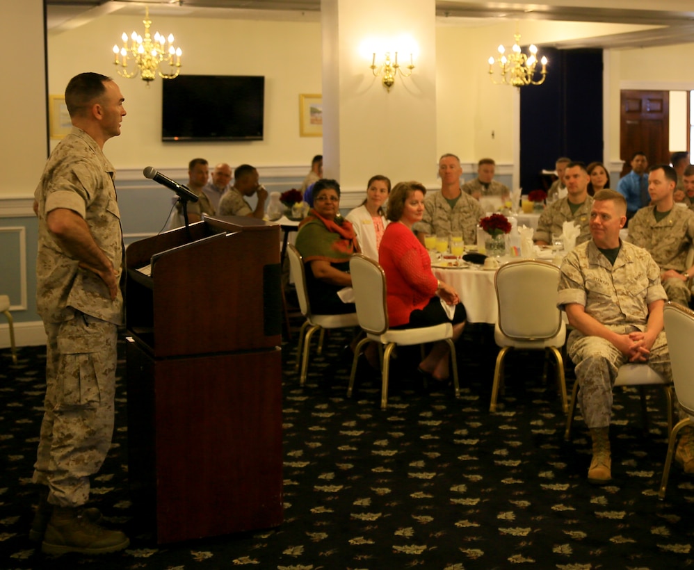 Brig. Gen. John Love, deputy commanding general of II Marine Expeditionary Force, speaks at the National Prayer Day breakfast at the Paradise Point Officers’ Club aboard Marine Corps Base Camp Lejeune, May 1. “I believe in the acceptance of all religions and I believe in the power of group prayer,” said Love. “We gathered today to pray together and to pray for this country, our families and our corps.”