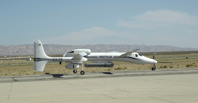 Equipped with the Dismount Detection Radar pod, the Proteus aircraft takes off from the flightline April 22, 2014, at the Mojave Airport Civilian Flight Test Center in California. The flight marked the first developmental test flight of the system. The DDR program office from Hanscom Air Force Base, Mass., led the effort and plans to use the DDR as a model for other open system architecture radar designs. (U.S. Air Force photo/1st Lt. Matthew Cook) 