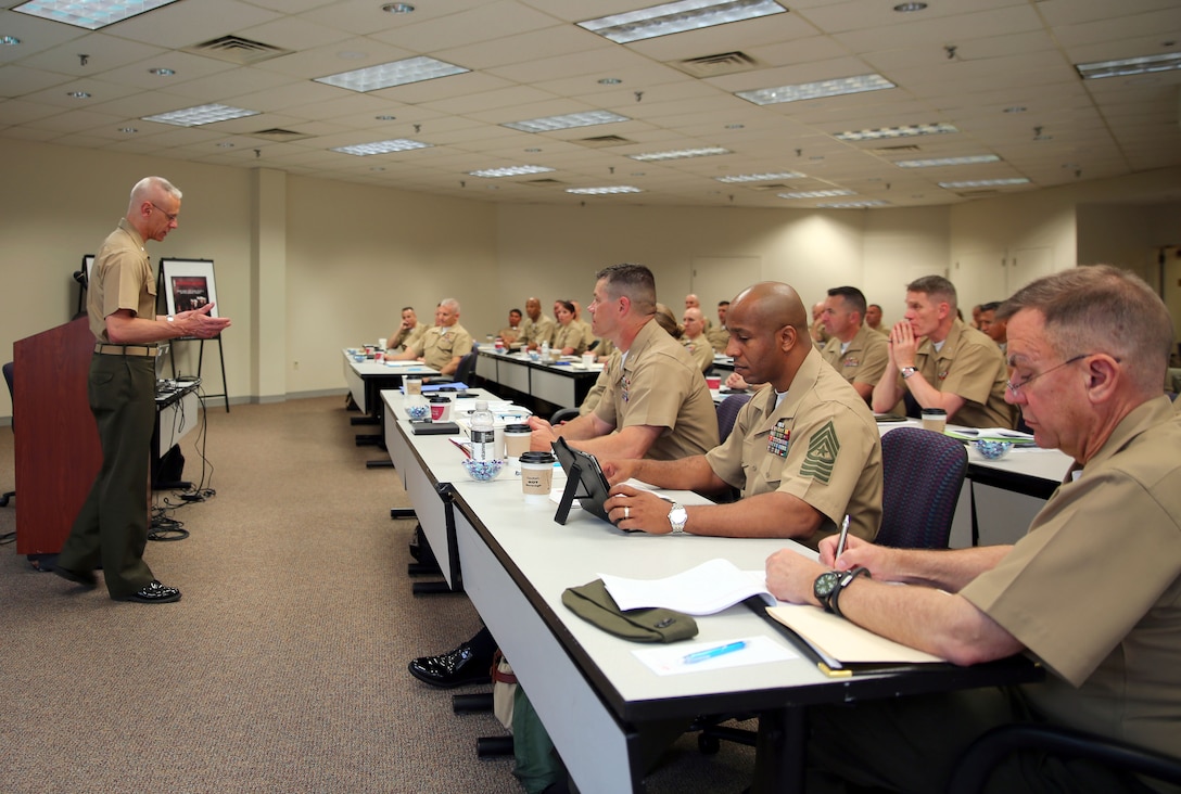 Brig. Gen. Roger R. Machut, commanding general, 4th Marine Logistics Group, addresses the MLG leaders in his opening remarks at a commander’s conference in Leesburg, Va., May 3-4, 2014. Leaders discussed the many challenges of implementing “The Reawakening,” a directive from the Commandant of the Marine Corps. The conference provided a setting that helped forge strong working relationships, clarified support processes and enhanced the collective effectiveness of the MLG. (Photo by Sgt. Adwin Esters)
