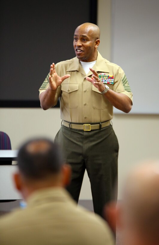 Sgt. Maj. Gary Smith, senior enlisted advisor of the 4th Marine Logistics Group, addresses leaders of the MLG after a “breakout discussion” meant to focus on what the senior enlisted can do to help implement the Commandant’s directive, “The Reawakening.” Leaders from 4th MLG participated in a commander’s conference in Leesburg, Va., May 3-4, 2014 to discuss the many challenges of implementing “The Reawakening,” a directive from the Commandant of the Marine Corps. The conference provided a setting that helped forge strong working relationships, clarified support processes and enhanced collective effectiveness of the MLG. (Photo by Sgt. Adwin Esters)