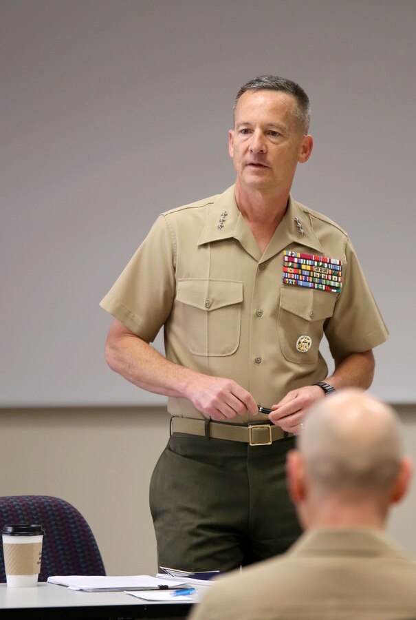 Lt. Gen. William M. Faulkner, deputy commandant for installations and logistics and guest speaker for the conference, speaks to the leadership of the 4th Marine Logistics Group and answered questions about logistical challenges. Leaders from 4th Marine Logistics Group participated in a commander’s conference in Leesburg, Va., May 3-4, 2014 to discuss the many challenges of implementing “The Reawakening,” a directive from the Commandant of the Marine Corps. The conference provided a setting that helped forge strong working relationships, clarified support processes and enhanced collective effectiveness of the MLG. (Photo by Sgt. Adwin Esters)