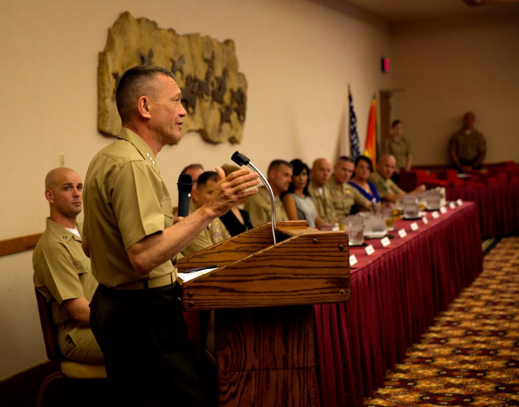 Guest speaker, Lt. Gen. Jon M. Davis, Deputy Commander of United States Cyber Command, addresses the audience of the Weapons and Tactics Instructor Course 2-14 graduation ceremony. Soon after Davis’ speech the students of WTI 2-14 graduated and received their certificates at the Sonoran Pueblo aboard Marine Corps Air Station Yuma, Ariz., April 27.