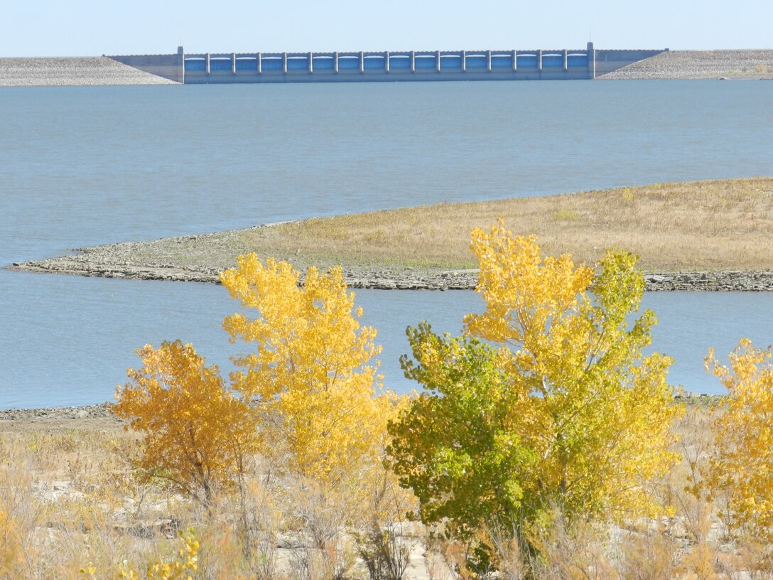 JOHN MARTIN DAM, COLO., -- Autumn foliage on the south side of John Martin on Oct. 13, 2012. Photo by Craig Trinkle.