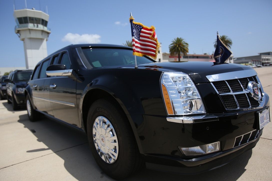 President Obama's vehichles stand by and wait for him to land at MCAS Miramar May 8, 2014. Obama came to San Diego for his fundraising event in La Jolla Calif. Obama arrived in Los Angeles May 7, as a part of  three-day trip to Californiato rais funds to help Democrats.