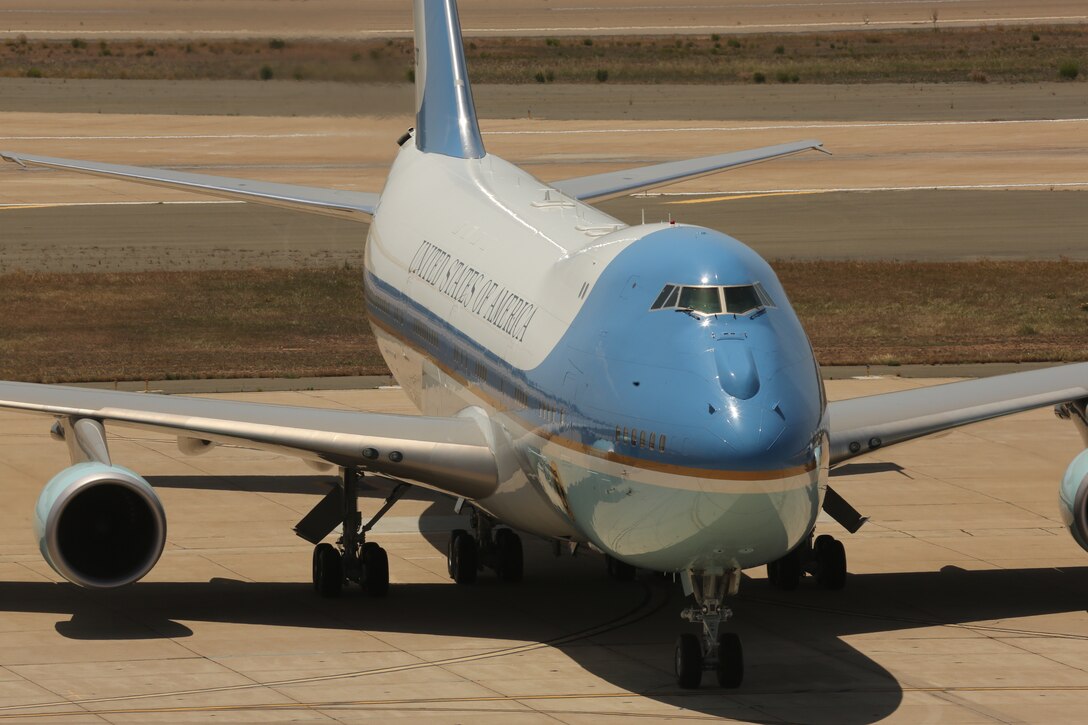 Air Force One taxis down the runway at MCAS Miramar May 8, 2014, bringing President Obama to San Diego for his fundraising event in La Jolla Calif. Obama arrived in Los Angeles May 7, as a part of  three-day trip to California to rais funds to help Democrats.