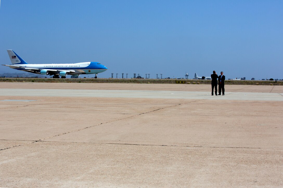 MARINE CORPS AIR STATION MIRAMAR, Calif. – Air Force One takes off from the flight line aboard Marine Corps Air Station Miramar, Calif., May 8. President Barack Obama, president of the United States of America, visited California during a three – day Democratic fundraiser where he stopped for an event in La Jolla, Calif.