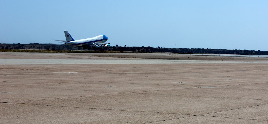 MARINE CORPS AIR STATION MIRAMAR, Calif. – Air Force One takes off from the flight line aboard Marine Corps Air Station Miramar, Calif., May 8. President Barack Obama, president of the United States of America, visited California during a three – day Democratic fundraiser where he stopped for an event in La Jolla, Calif.
