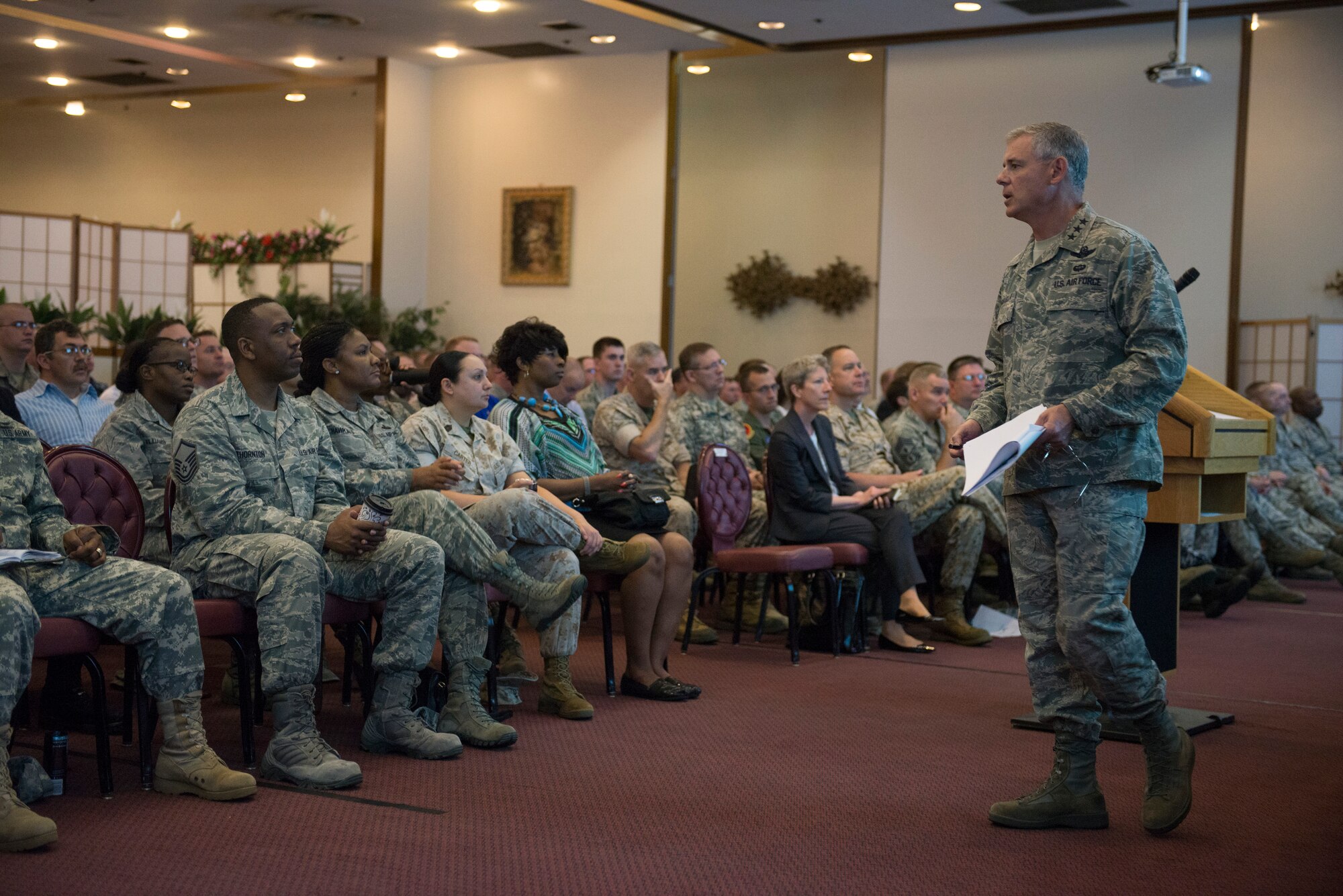 Lt. Gen. Salvatore Angelella, U.S. Forces, Japan, and 5th Air Force commander, tells military members that it is everyone’s duty to ensure sexual assault does not occur in our communities May 8, 2014, at Yokota Air Base, Japan. Angelella focused on the importance of maintaining an environment that does not allow sexual predators to exist. (U.S. Air Force photo by Staff Sgt. Cody H. Ramirez/Released)