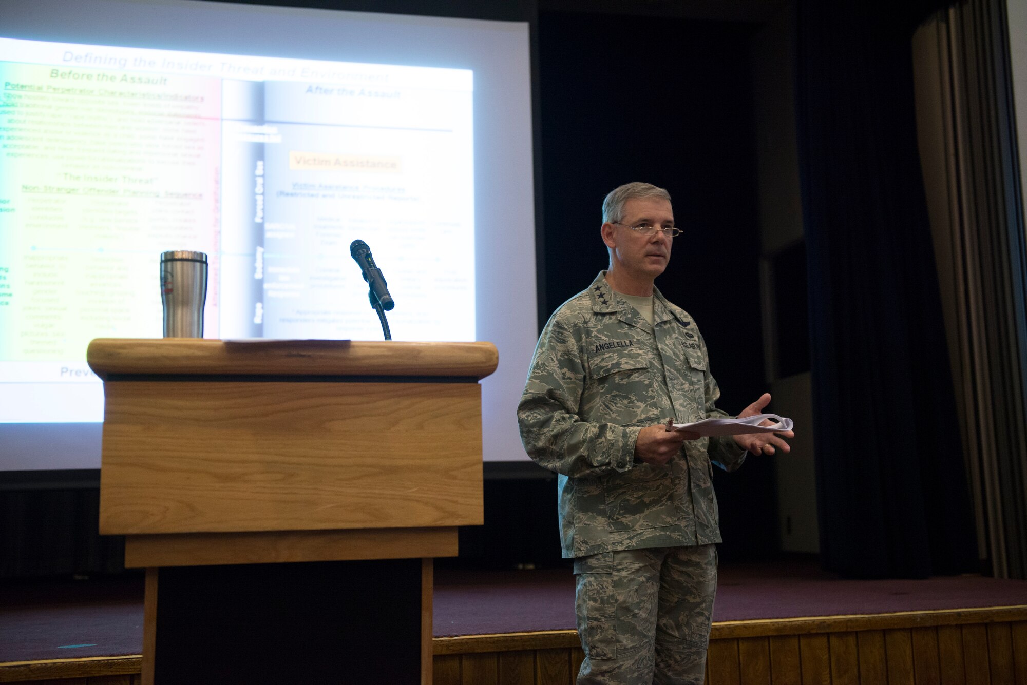 Lt. Gen. Salvatore Angelella, U.S. Forces, Japan, and 5th Air Force commander, expresses his concerns about sexual assualt in the military May 8, 2014, at Yokota Air Base, Japan. Angelella said that sexual assualt has no place in the military and informed the room full of military members that prevention has to be a year-round priority. (U.S. Air Force photo by Staff Sgt. Cody H. Ramirez/Released)
