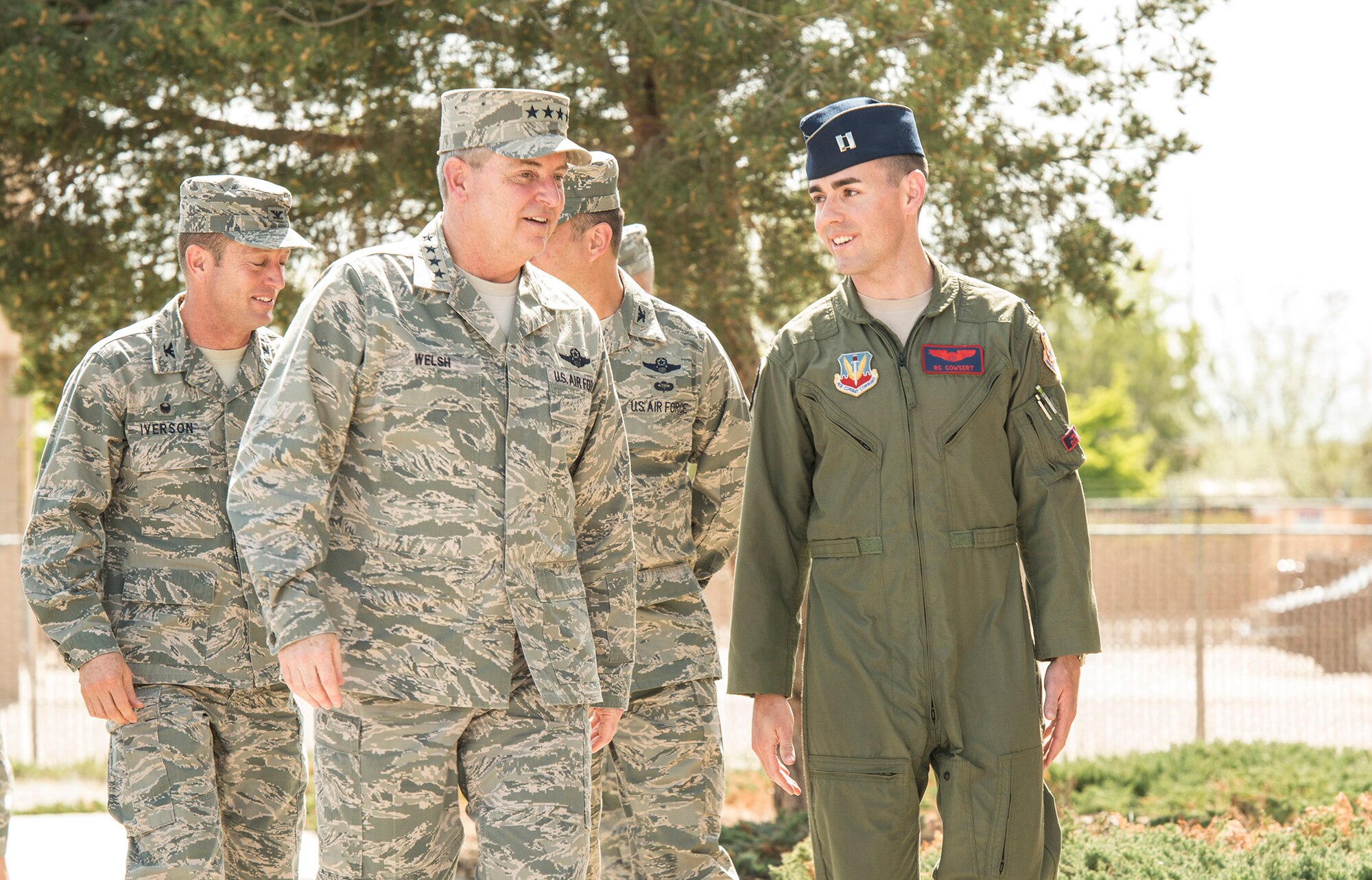 Air Force Chief of Staff Gen. Mark A.Welsh III walks with, and takes the opportunity to mentor, Capt. Robert Cowsert, 366th Operations Support Squadron, during the general’s visit to Mountain Home Air Force Base, Idaho, May 1, 2014. Welsh and his wife, Betty, spent two days at the base meeting with Airmen, and discussing ongoing Air Force issues. (U.S. Air Force photo by Master Sgt. Kevin Wallace/RELEASED)