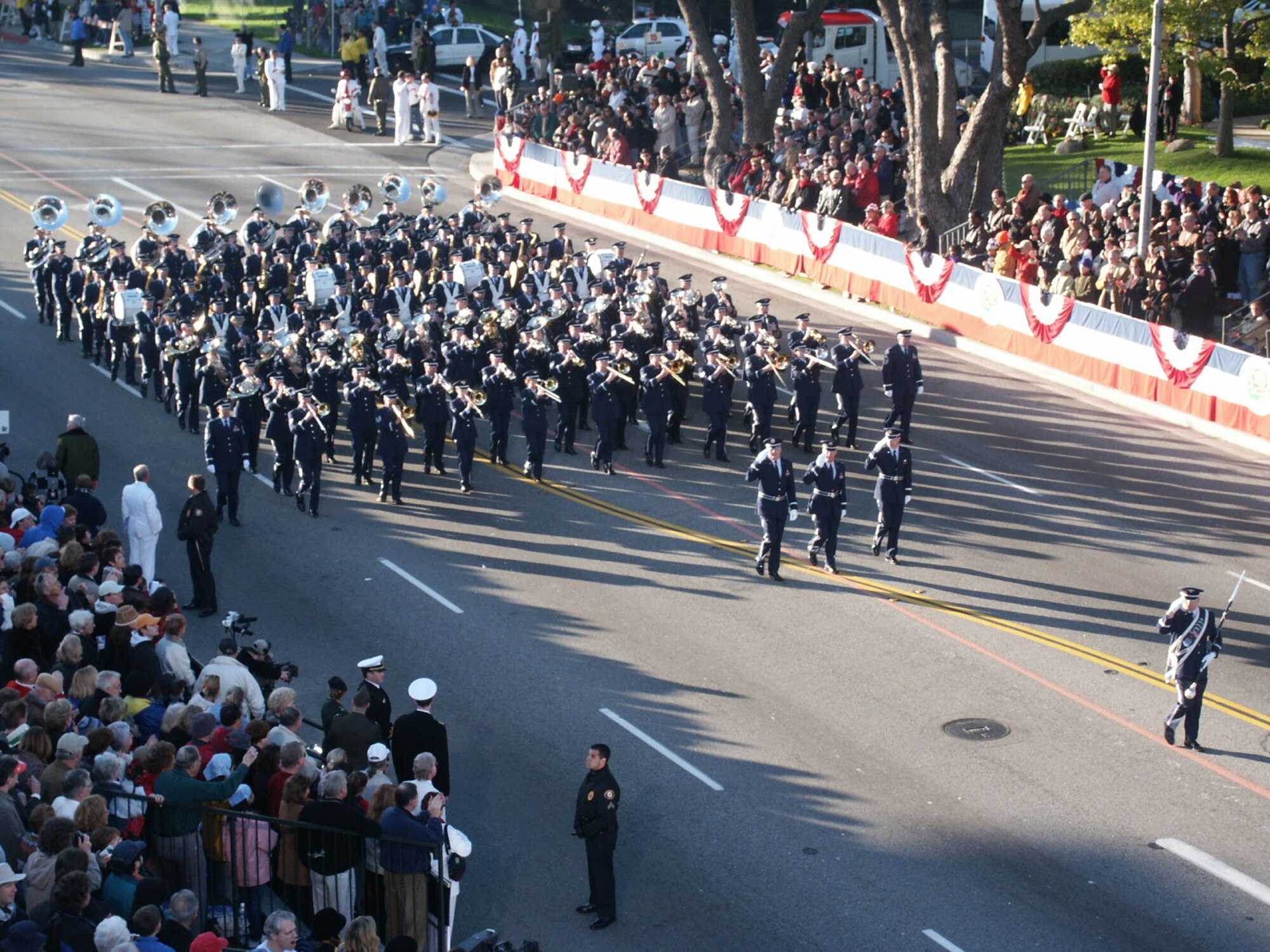 The USAF Band of the Golden West Marching Band leads the
January 2003 Rose Bowl Parade in Pasadena, California.  
