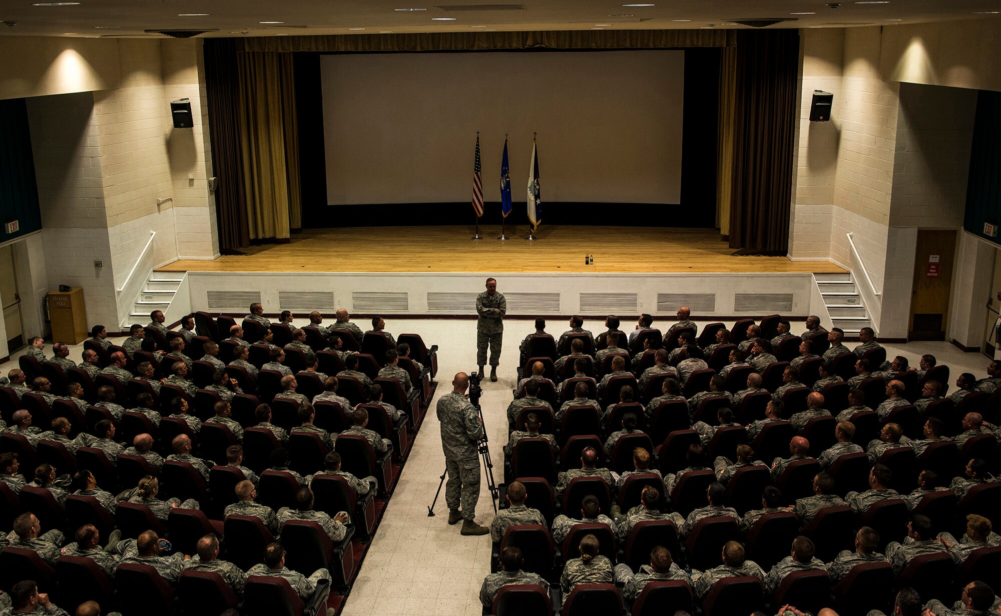 Air Force Chief of Staff Gen. Mark A.Welsh III speaks with an audience of varied ranks from the 366th Fighter Wing about force shaping and the budget at the Mountain Home Air Force Base Theater during a visit to Idaho, May 1, 2014. Welsh and his wife, Betty, spent two days at the base meeting with Airmen and units, and discussing ongoing Air Force issues. (U.S. Air Force photo by Master Sgt. Kevin Wallace/RELEASED)