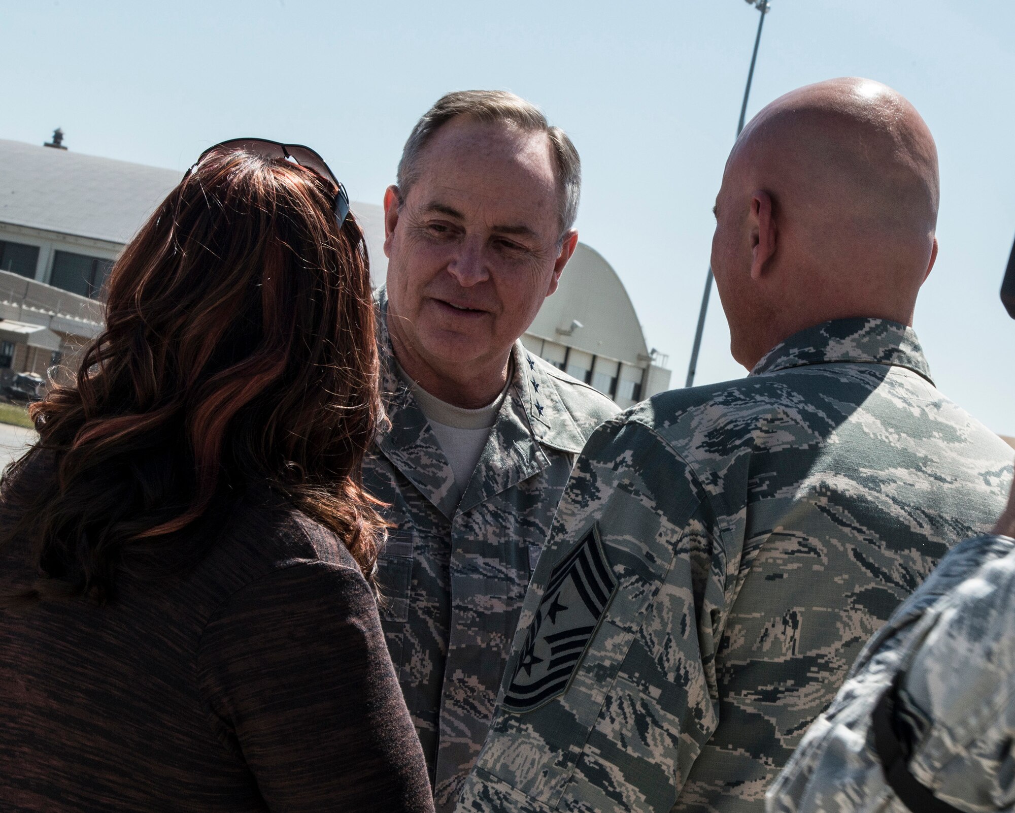 Air Force Chief of Staff Gen. Mark A.Welsh III speaks with the 366th Fighter Wing command chief, Chief Master Sgt. Alex del Valle and his wife, Caroline, during a visit to Mountain Home Air Force Base, Idaho, May 1, 2014. Welsh and his wife, Betty, spent two days at the base meeting with Airmen and units, and discussing ongoing issues like the budget and force shaping. (U.S. Air Force photo by Master Sgt. Kevin Wallace/RELEASED)