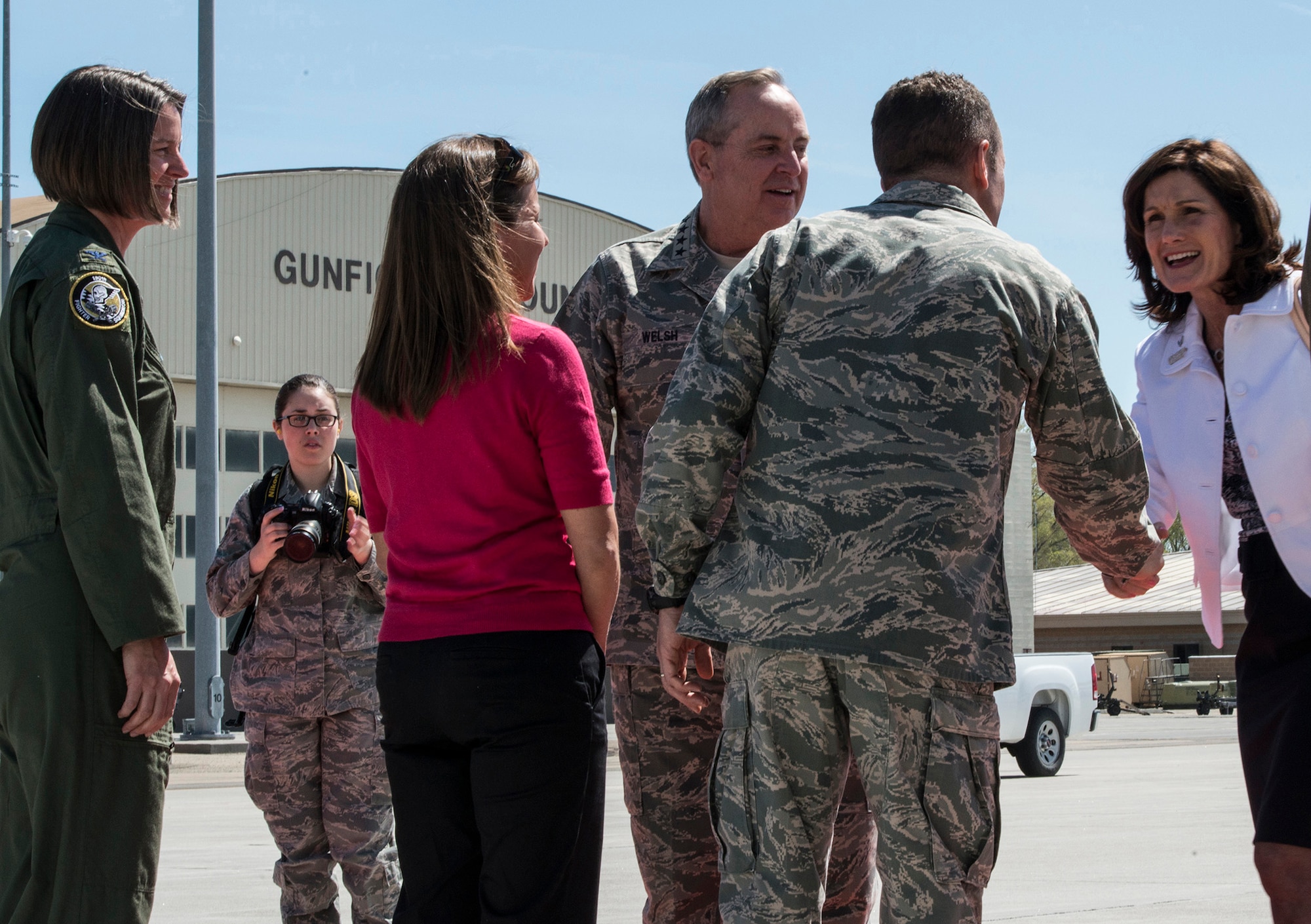 Air Force Chief of Staff Gen. Mark A.Welsh III and his wife, Betty, meet leadership from Mountain Home Air Force Base and Gowen Field, Idaho, during a visit here May 1, 2014. Col. David Iverson, 366th Fighter Wing commander, his wife Jenny, and Col. Sherrie McCandless, 124th Fighter Wing commander, greeted the Welsh’s on the flightline, prior to starting Welsh's visit to various venues where he spoke with targeted audiences of Airmen, NCOs and officers. (U.S. Air Force photo by Master Sgt. Kevin Wallace/RELEASED)