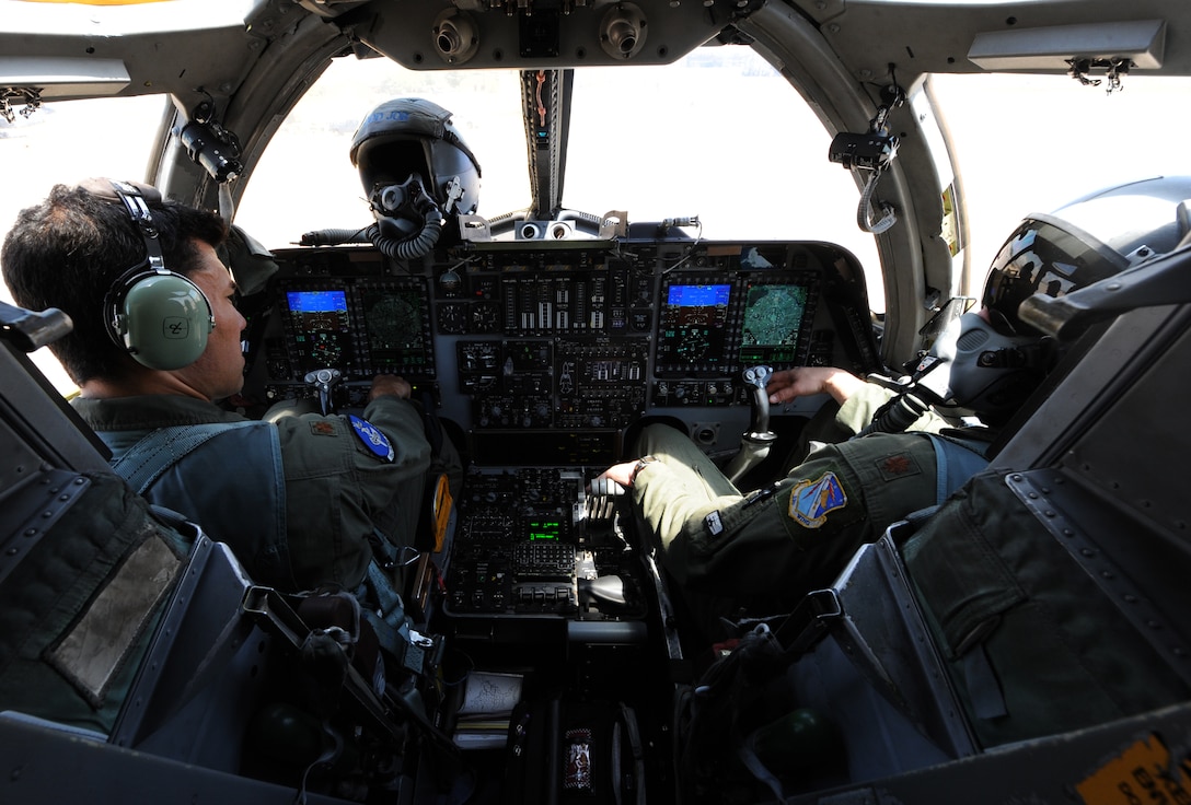 U.S. Air Force Maj. Iven Vian, 10th Flight Test Squadron, left, and Maj. James Silva, 337th Test and Evaluation Squadron, shutdown the engines of a newly upgraded B-1B Lancer after landing May 7, 2014, at Dyess Air Force Base, Texas. The IBS is a combination of three different upgrades, which include a Fully Integrated Data Link, a Vertical Situation Display upgrade, and a Central Integrated System upgrade. These three modifications fall under the Integrated Battle Station initiative, which is slated to be installed concurrently through 2019. (U.S. Air Force photo by Airman 1st Class Alexander Guerrero/Released)