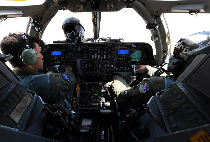 U.S. Air Force Maj. Iven Vian, 10th Flight Test Squadron, left, and Maj. James Silva, 337th Test and Evaluation Squadron, shutdown the engines of a newly upgraded B-1B Lancer after landing May 7, 2014, at Dyess Air Force Base, Texas. The aircraft received a combination of three different upgrades, which include a Fully Integrated Data Link, a Vertical Situation Display upgrade, and a Central Integrated System upgrade. These three modifications fall under the Integrated Battle Station initiative, which is is scheduled to be installed on all B-1 aircraft 2019. (U.S. Air Force photo by Airman 1st Class Alexander Guerrero/Released)