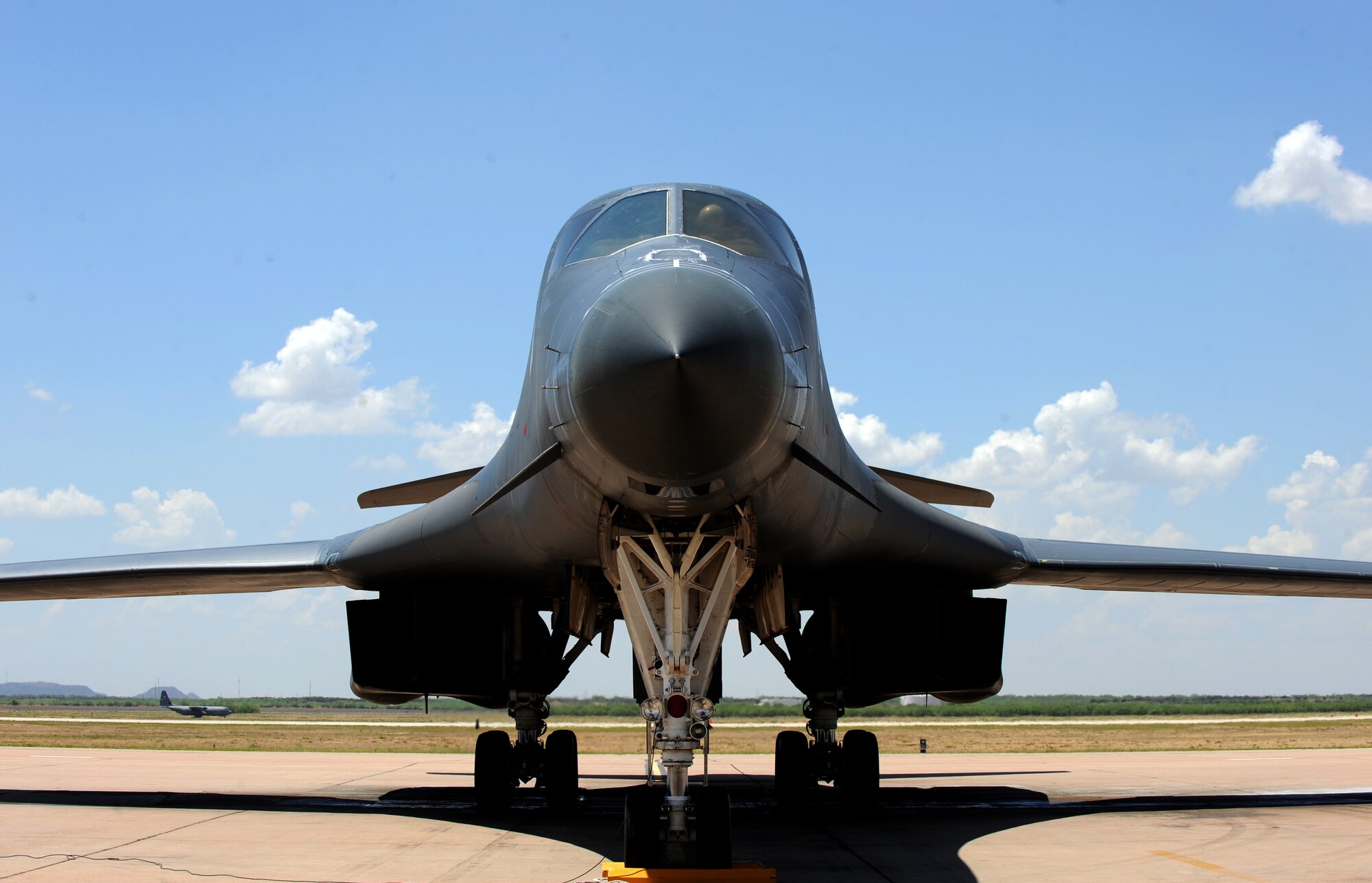 Dyess’ newest upgraded B-1B Lancer arrives May 7, 2014, at Dyess Air Force Base, Texas. This B-1 is the second of two aircraft to arrive at Dyess with the new Integrated Battle Station upgrade and the Sustainment-Block 16 upgrade. These modifications fall under the Integrated Battle Station initiative, which is slated to be installed concurrently on all B-1s through 2019. (U.S. Air Force photo by Airman 1st Class Alexander Guerrero/Released)