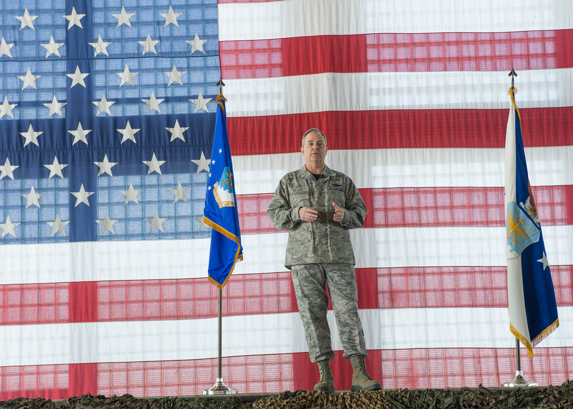 Air Force Chief of Staff Gen. Mark A. Welsh III gave candid responses to questions during an all call May 2, 2014 at Mountain Home Air Force Base, Idaho. Welsh made an impression by providing transparency to all in attendance. Welsh encouraged an open forum of communication that provided answers to tough questions. (U.S. Air Force photo by Tech. Sgt. JT May III/RELEASED)