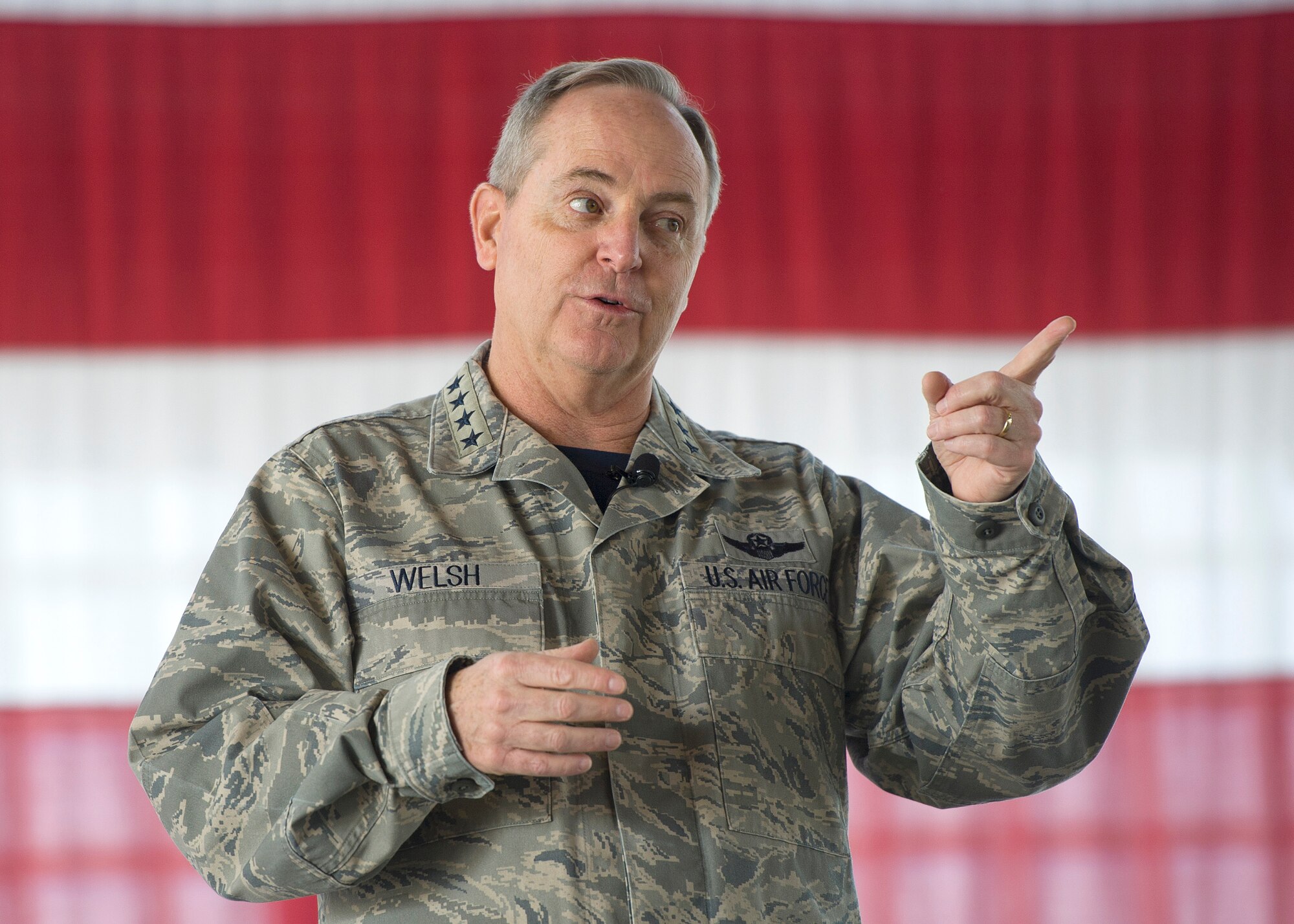 Air Force Chief of Staff Gen. Mark A. Welsh III talks with Airmen during an all call May 2, 2014 at Mountain Home Air Force Base, Idaho. The briefing encompassed various topics such as force management and budget. Welsh emphasized key points such as mission focus and knowing your people. (U.S. Air Force photo by Tech. Sgt. JT May III/RELEASED)