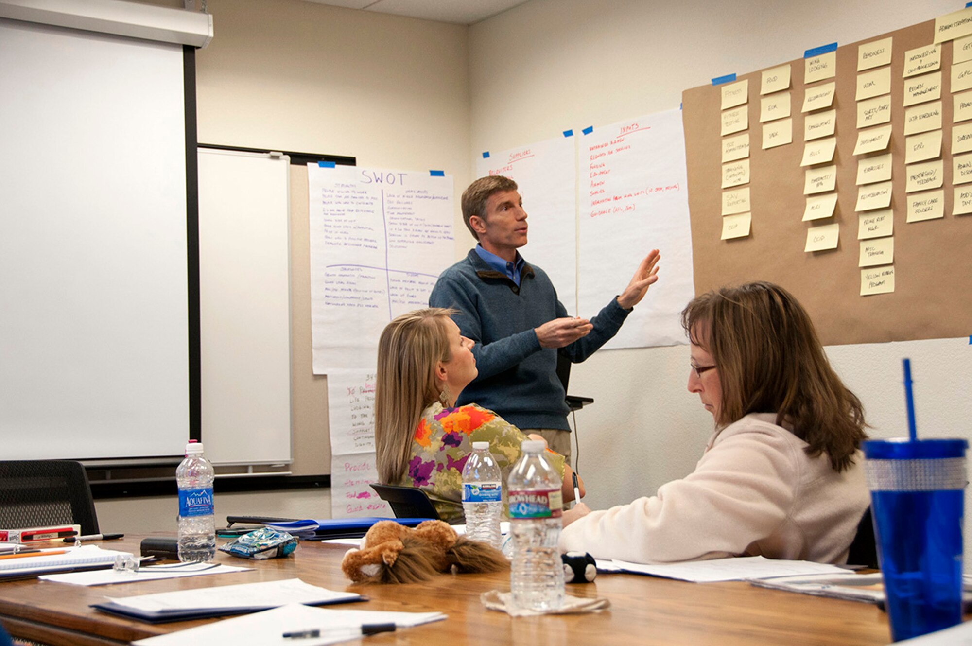 TRAVIS AIR FORCE BASE, Calif. -- Lt. Col. Wil Link, 349 Air Mobility Wing process manager, discusses leadership development with 349 Memorial Affairs Squadron members during the Enterprise Value Stream Analyses (EVSA) process training here May 6, 2014.  (U..S. Air Force photo / Senior Master Sgt. Robert Wade)