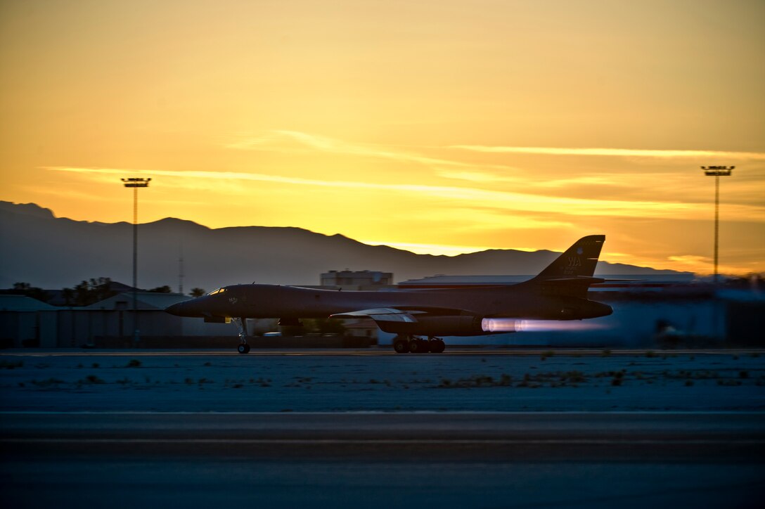 A U.S. Air Force B-1B Lancer assigned to the 7th Bomb Wing, Dyess Air Force Base, Texas, takes off during Green Flag 14-6 April 24, 2014, at Nellis Air Force Base, Nev. The B-1B Lancer is a four engine, supersonic, variable-sweep wing, jet-powered, strategic bomber. (U.S. Air Force photo by Senior Airman Christopher Tam/Released)