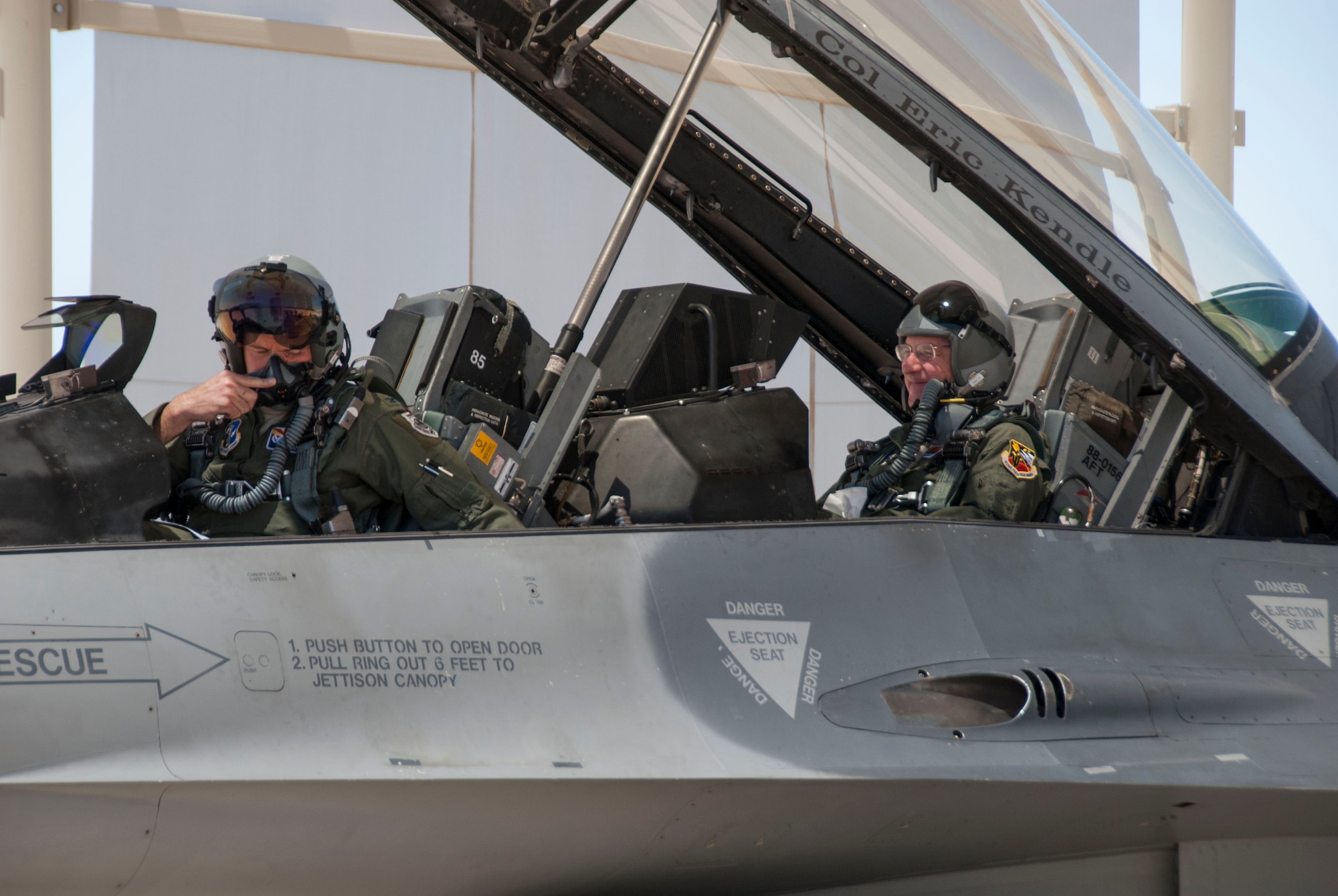 Jonathan Rothschild, Mayor of Tucson and Col. Phil Purcell, commander of the 162nd Wing prepare to taxi on to the runway for Rothschild’s orientation flight, May 3.  Rothschild was provided egress training in a variety of situations to ensure he understood the safety procedures and to feel safe during his flight.  (U.S. Air National Guard photo by Staff Sgt. Dina Farmer/Released)
