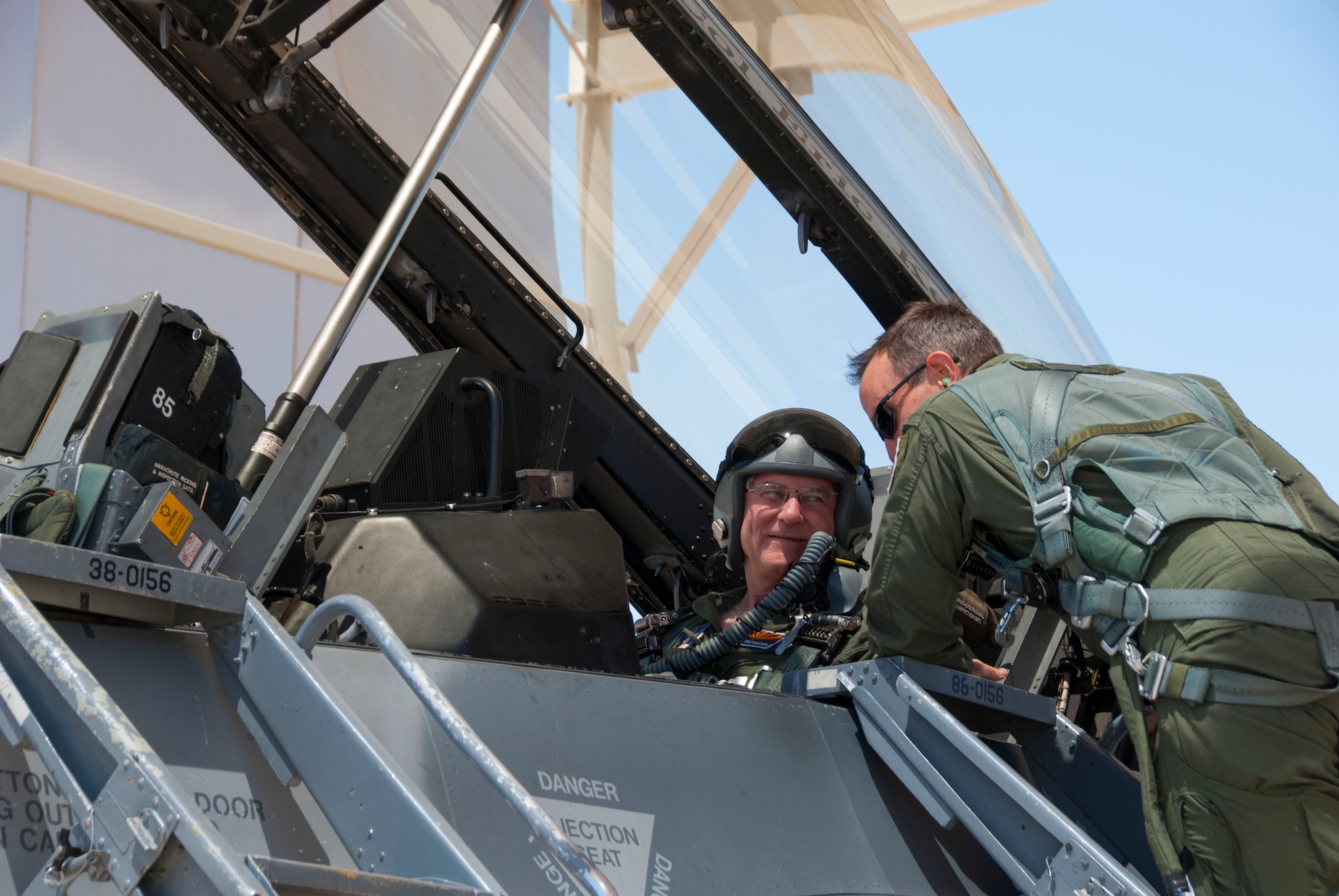 Jonathan Rothschild, Mayor of Tucson, talks with Col. Phil Purcell, commander for the 162nd Wing, about the orientation flight once they are in the air, May 3.  Rothschild stated he came to the 162nd Wing “to learn more about the mission and the base and to get an appreciation for what goes on at the base.”  (U.S. Air National Guard photo by Staff Sgt. Dina Farmer/Released)