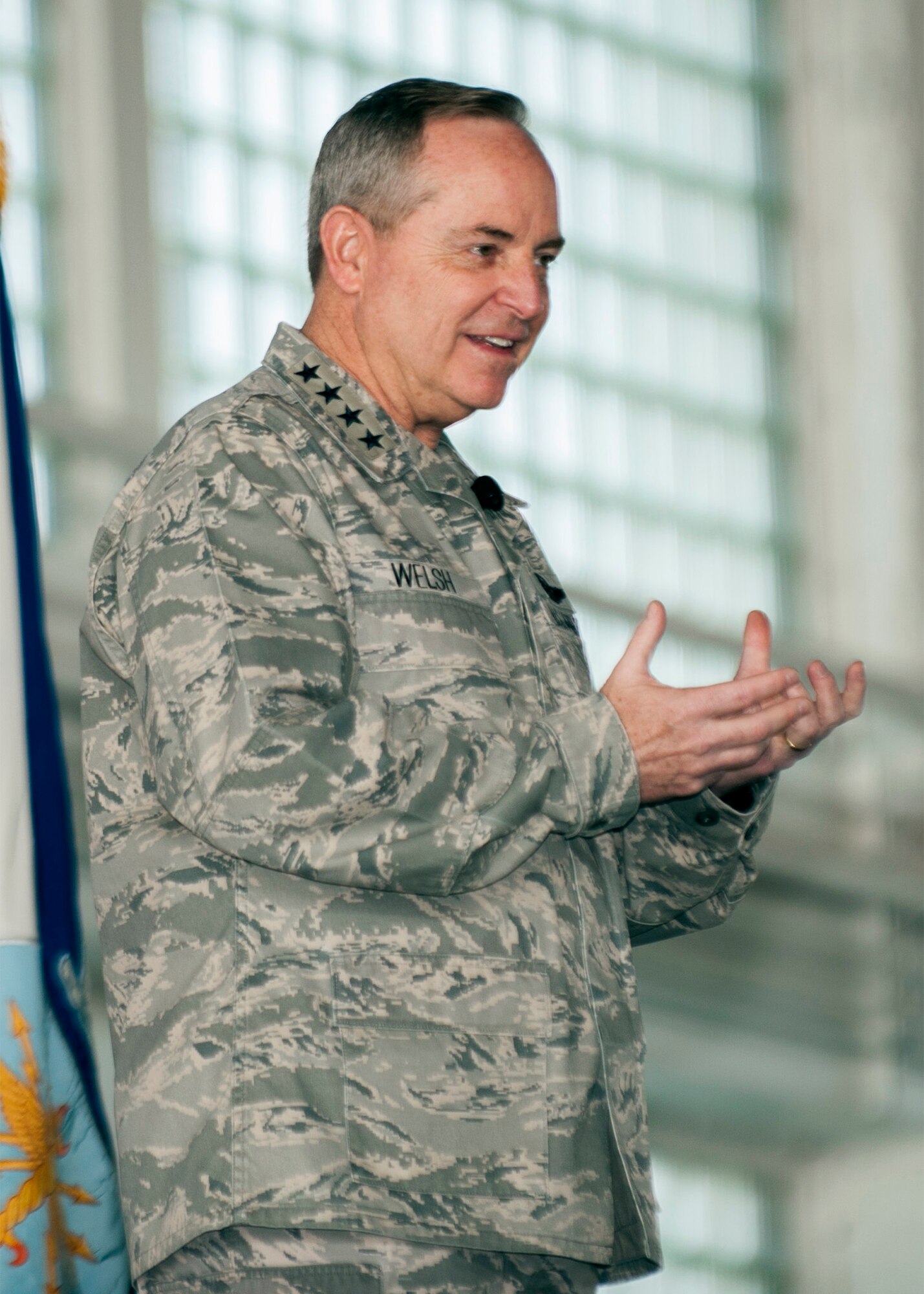 Air Force Chief of Staff Gen. Mark A. Welsh III speaks to Airmen during an all call May 2, 2014, at Mountain Home Air Force Base, Idaho. Welsh, along with his wife, Betty, spent two days meeting Airmen and their families, and learning about the missions of the various units at the base. Welsh also provided valuable insight on issues that hang heavy on Airman's hearts such as the budget and force shaping. (U.S. Air Force photo by Staff Sgt. Roy Lynch III/RELEASED)