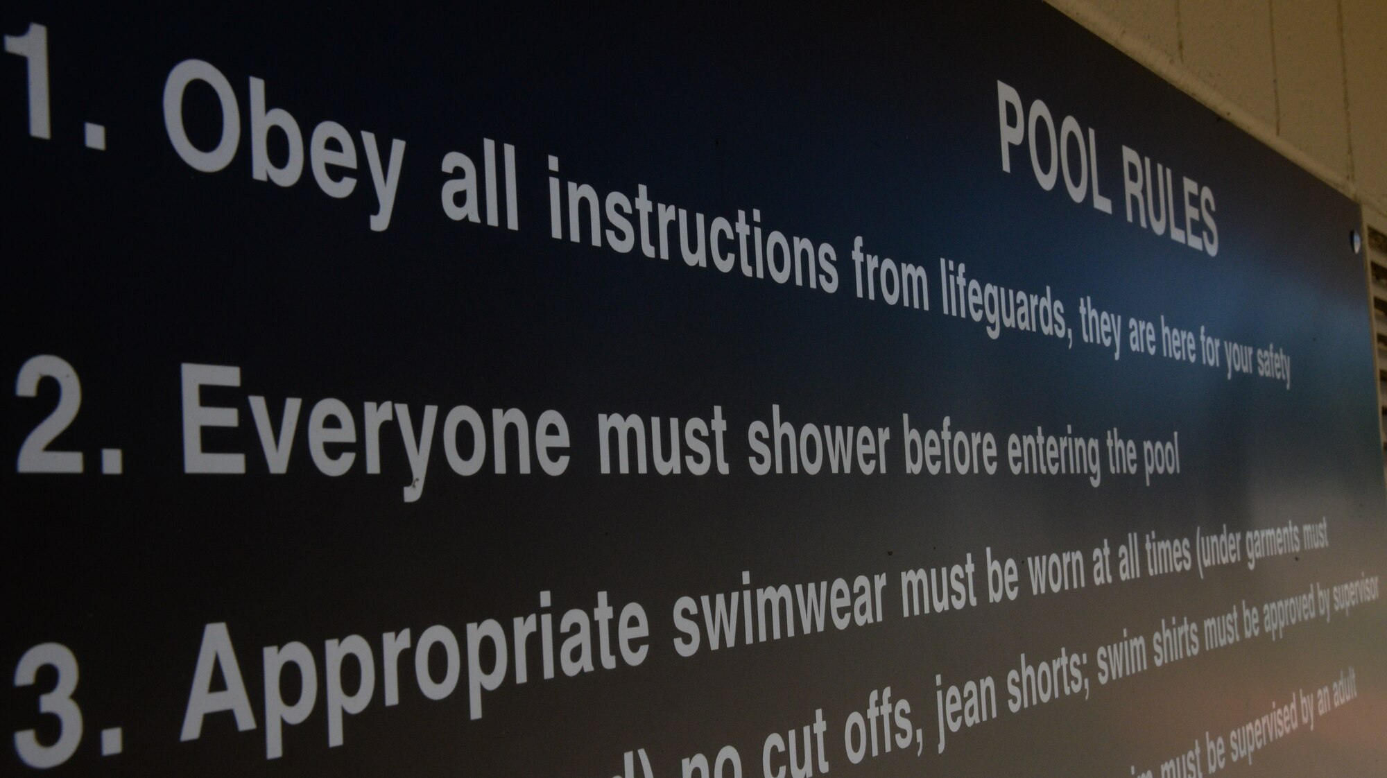 The pool rules are on display at the Woodland Pool near Palmetto Chapel to provide swimmers with instructions on safety at Shaw Air Force Base, S.C., May 8, 2014. The pool is scheduled to have an opening day May 23, which is free for all military identification card holders. (U.S. Air Force photo by Airman 1st Class Michael A. Cossaboom/Released)