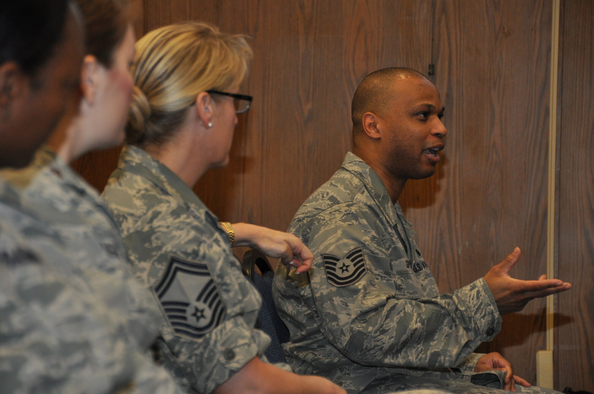 U.S. Air Force Tech. Sgt. Lawrence Givens, 459th Force Support Squadron, addresses a concern to the Reserve Officers Association’s representatives in a town hall meeting Saturday, May 3, 2014. The ROA visited the 459th Air Refueling Wing to see what reservists go through on a drill weekend and hear what the current issues are as to better advocate for what is needed. (U.S. Air Force photo/ Staff Sgt. Brent Skeen)
