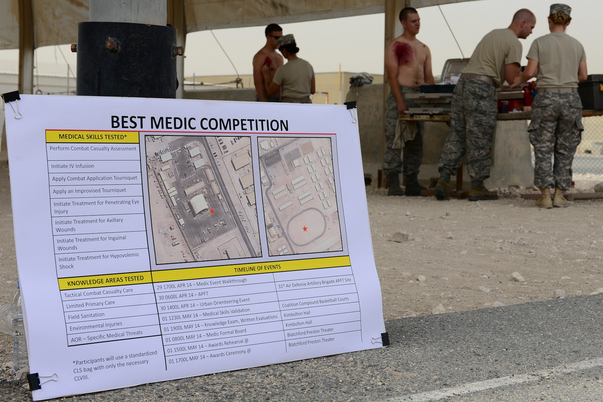 U.S. Air Force Airmen and U.S. Army Soldiers prepare for a best medic competition at Al Udeid Air Base, Qatar, May 1, 2014. The competition was a segment to the Top Notch Brigade Best Warrior competition held to recognize the noncommissioned officer, Soldier, medic and mechanic of the year in the Air Defense Artillery unit. (U.S. Air Force photo by Staff Sgt. Ciara Wymbs) 