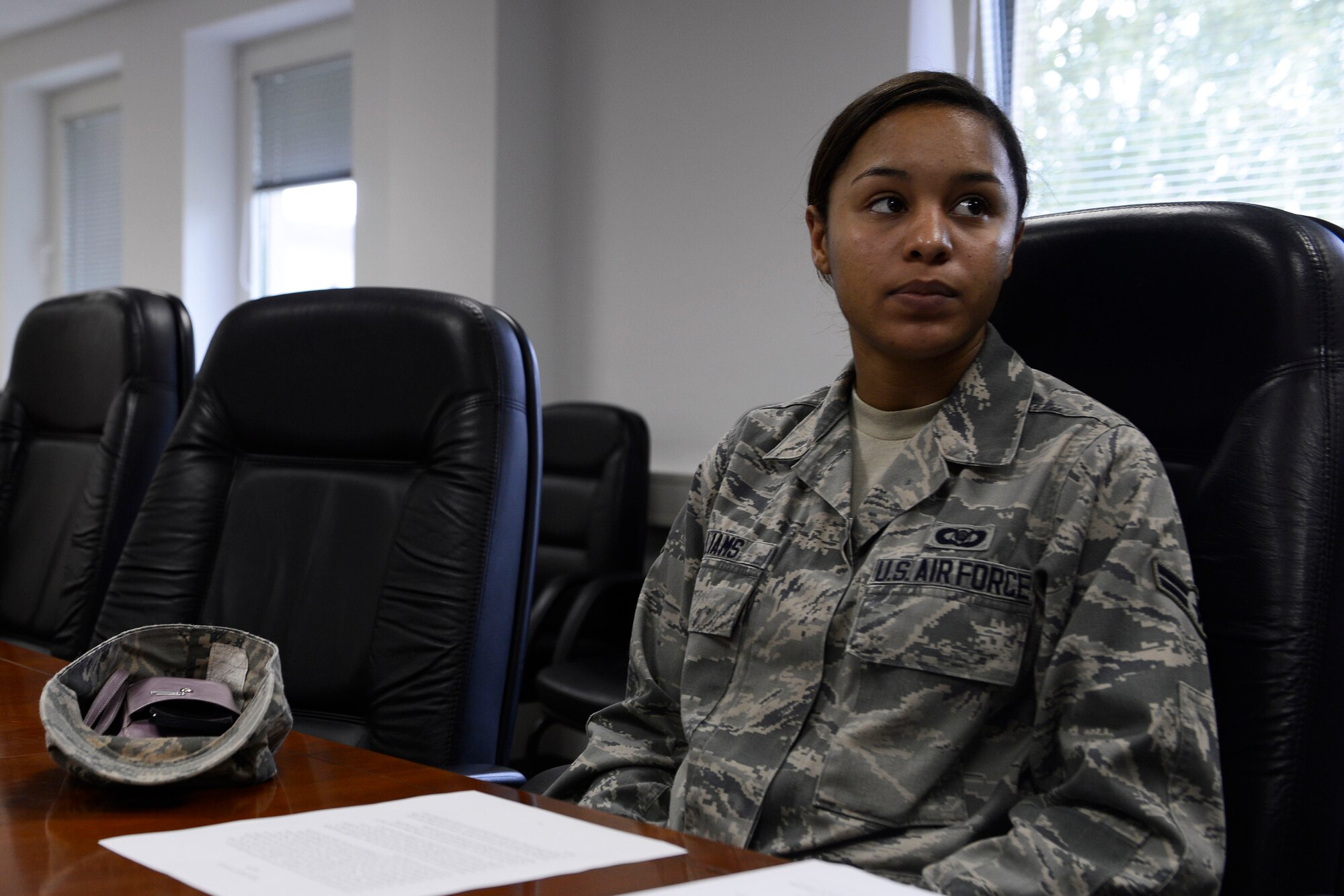 U.S. Air Force Airman 1st Class Chelsea Williams, 52nd Fighter Wing Command Post emergency actions controller from Converse, Texas, participates in a Sexual Assault Prevention and Response small-group discussion May 7, 2014, at Spangdahlem Air Base, Germany. The Department of Defense leadership mandated April 18, 2014, as an official SAPR awareness day, and 52nd FW leaders have been conducting follow-on discussions with Airmen who were unable to attend the first training date. (U.S. Air Force photo by Staff Sgt. Daryl Knee/Released)