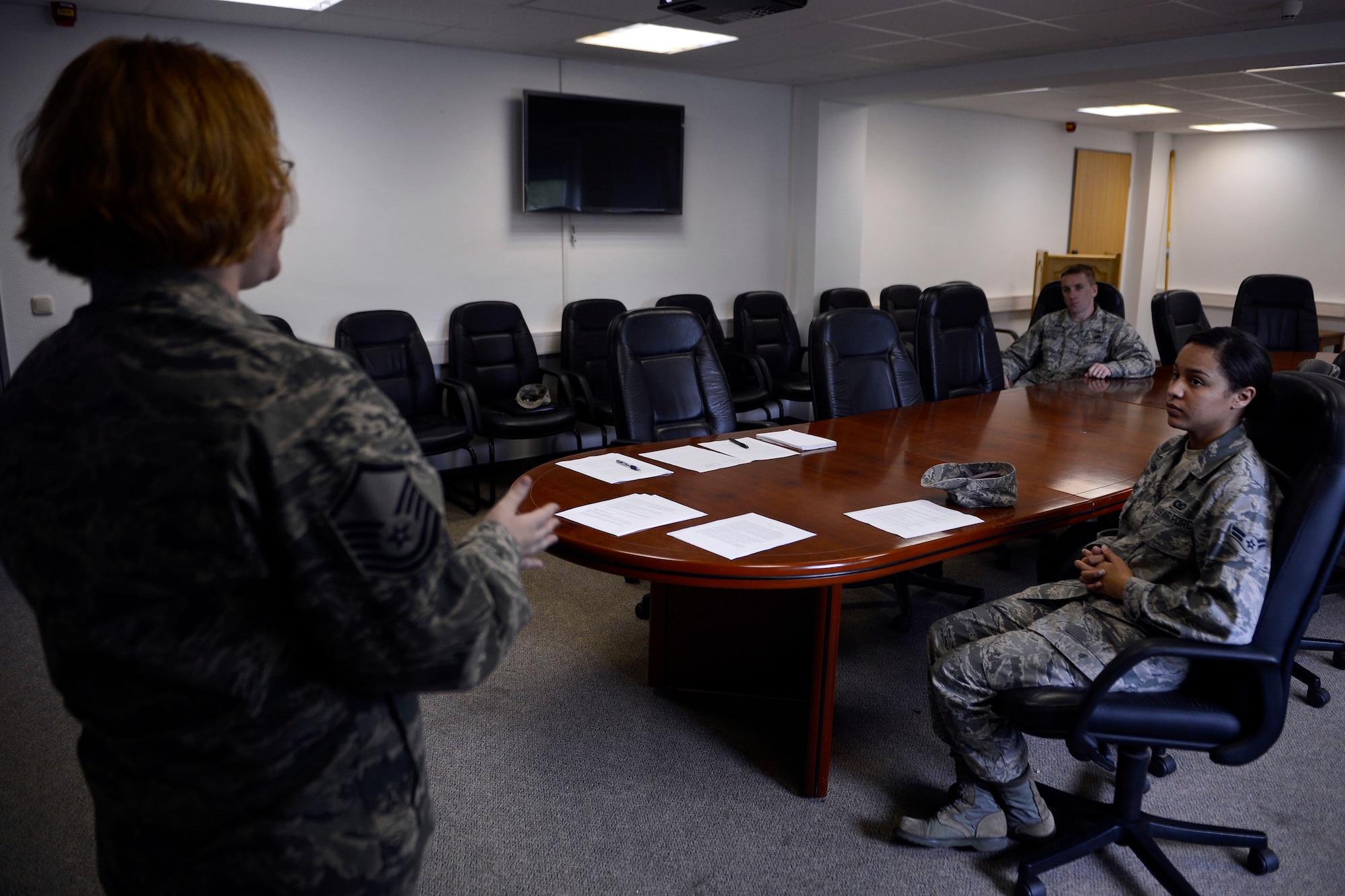 U.S. Air Force Master Sgt. Katherine Devine-Ebert, left, a 52nd Fighter Wing Sexual Assault Prevention and Response facilitator from Colorado Springs, Colo., conducts a small-group discussion May 7, 2014, at Spangdahlem Air Base, Germany. The Department of Defense leadership mandated awareness training for all U.S. military service members, and the Air Force set a May 16 deadline to train all of its members. (U.S. Air Force photo by Staff Sgt. Daryl Knee/Released)
