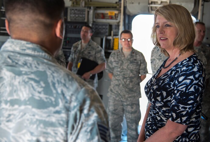Secretary of the Air Force Deborah Lee James is briefed by Staff Sgt. Michael Rodriguez inside a C-17 Globemaster III, May 6, 2014, on the flight line at Joint Base Charleston, S.C. Rodriguez is a member of the 437th Aerial Port Squadron and was briefing James on “Port Dawg University.” James toured several JB Charleston facilities including the Airman and Family Readiness Center, 628th Medical Group, Child Development Center, Sexual Assault and Prevention Center and concluded her visit with an “All-Call” where she spoke to Airmen and Sailors. (U.S. Air Force photo/ Airman 1st Class Clayton Cupit)