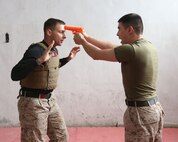 Staff Sgt. William Mullen prepares to disarm Sgt. James Hall to demonstrate a technique from the Marine Corps Martial Arts Program  during an enlisted leadership seminar hosted by the 4th Intervention Regiment in Beirut, Lebanon on March 13, 2014. During the seminar, Marines from Command Element Marine Forces Central Command Forward and soldiers from the 4th Intervention Regiment discussed leadership principles and the role of Non-Commissioned Officers in military units. (U.S. Marine Corps photo by; Sgt James A. Hall, CE MARFOR CENTCOM (FWD) Combat Camera/Released)