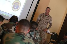 Staff Sgt. William Mullen conducts a class on mentorship during an enlisted leadership seminar hosted by the 4th Intervention Regiment in Beirut, Lebanon on March 11, 2014. During the seminar, Marines from Command Element Marine Forces Central Command Forward and soldiers from the 4th Intervention Regiment discussed leadership principles and the role of Non-Commissioned Officers in military units. (U.S. Marine Corps photo by; Sgt James A. Hall, CE MARFOR CENTCOM (FWD) Combat Camera/Released)