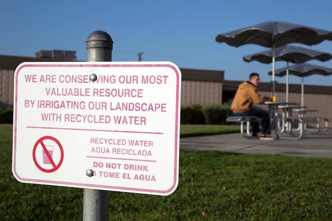 Signs posted aboard Marine Corps Air Station Miramar, Calif., educate passersby about what is happening with the water the installation uses, May 9. The installation makes use of more than one billion gallons of reclaimed water.