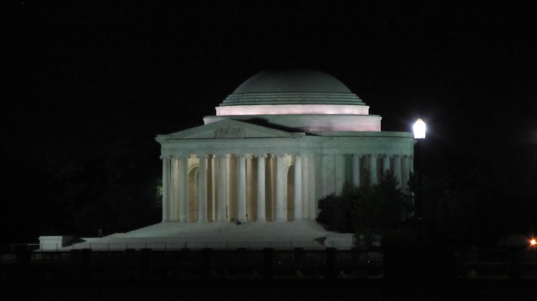 WASHINGTON, D.C., -- The Jefferson Memorial  around midnight after Hurricane Irene had blown through the capital, Aug. 28, 2011.  Maj. Phil Bundy was in Washington, D.C. supporting the Corps’ disaster relief efforts. 

