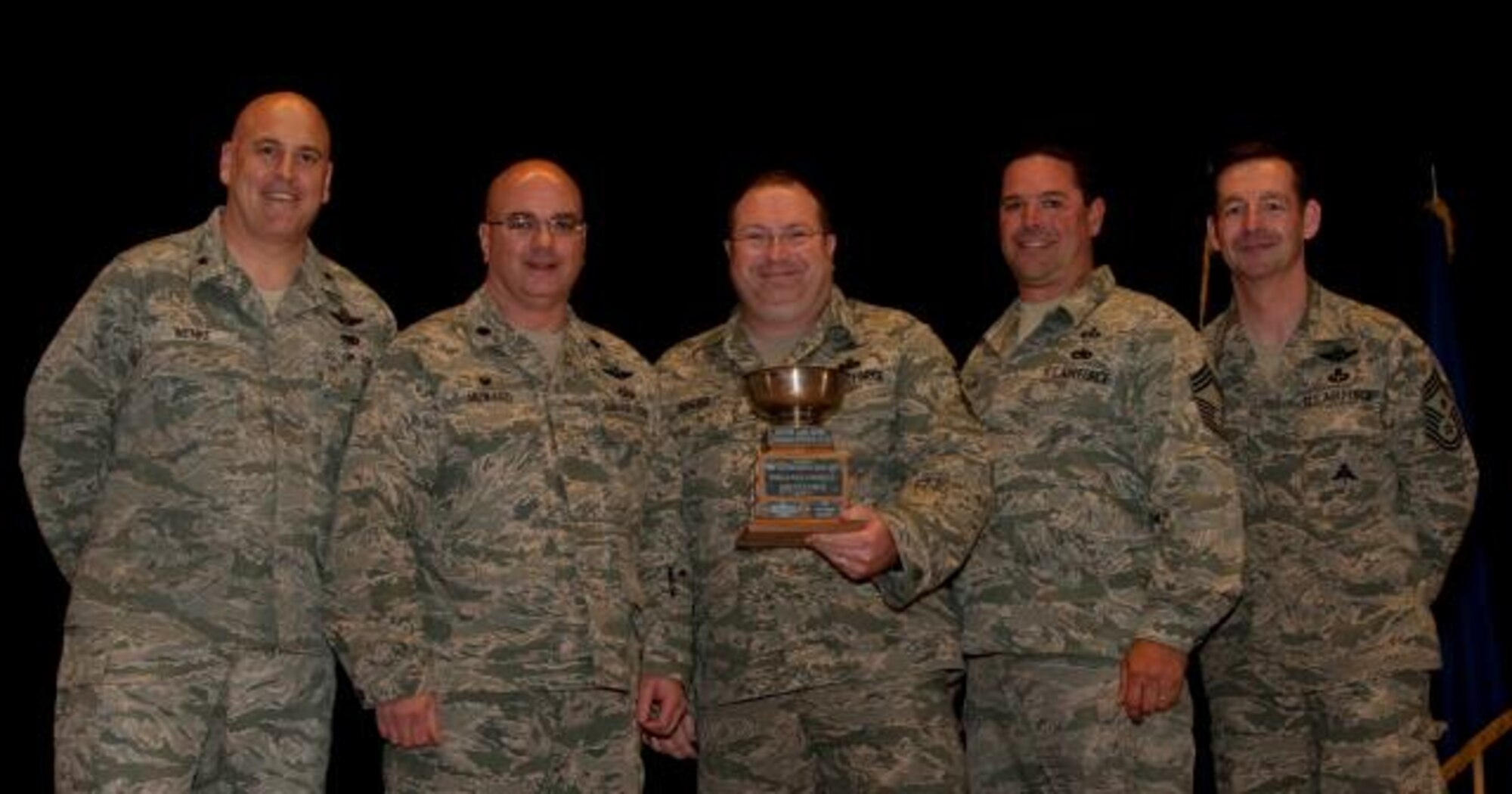 JOINT BASE ELMENDORF-RICHARDSON, Alaska – Top leadership of the 176 Air Defense Squadron display the Commander’s Organizational Excellence Award here May 3, 2014, with 176 Wing commander, Brig. Gen. Donald Wenke, and 176 Wing command chief, Chief Master Sgt. Paul Nelson. The award is presented to the single most outstanding group, squadron or flight of the 176 Wing. U.S. Air National Guard photo by Tech. Sgt. Jennifer Theulen/ Released.