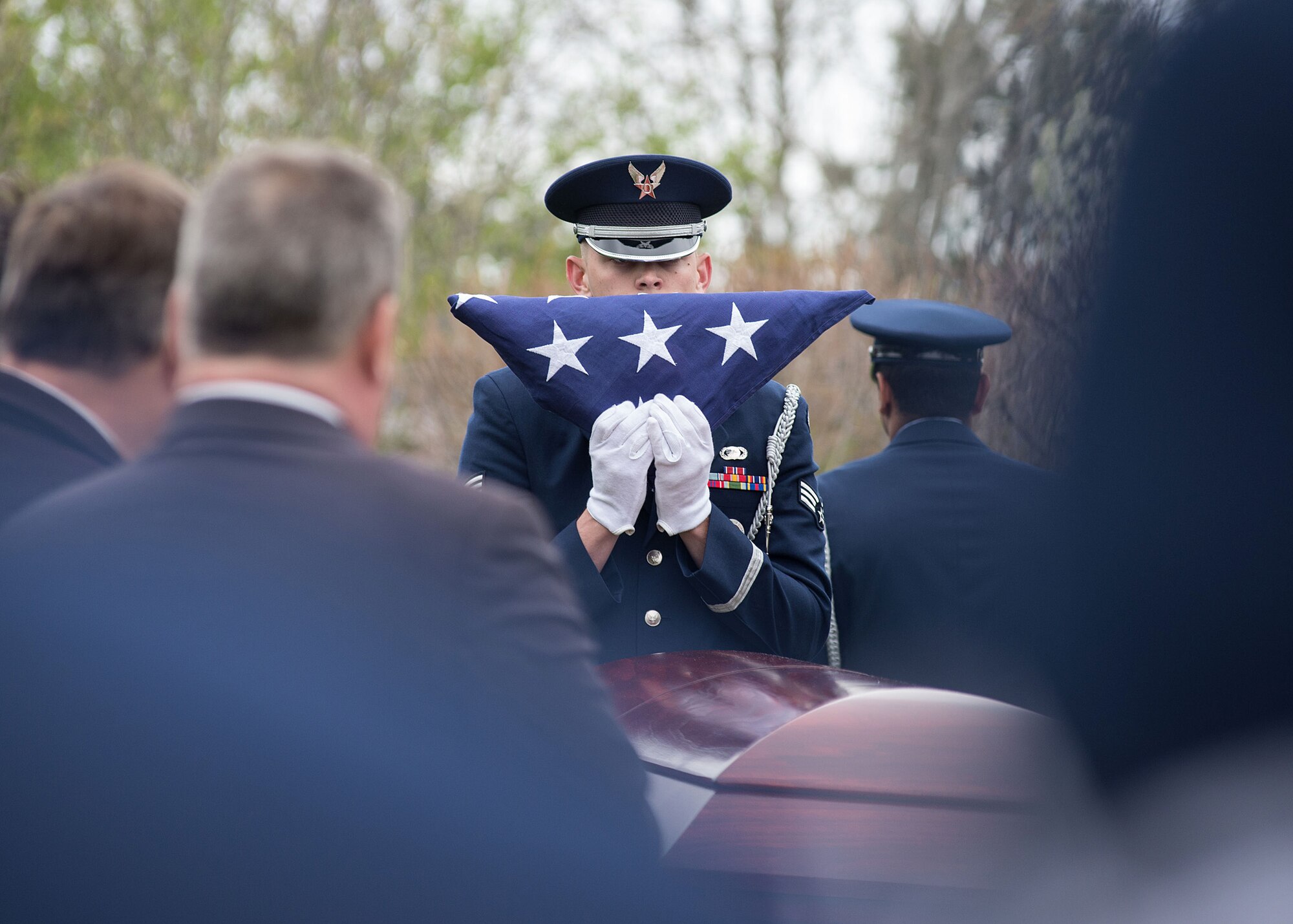 BOURNE, Mass. – Senior Airman Garrison Cullers, Patriot Honor Guard member from Hanscom Air Force Base, Mass. serves as the NCO Pallbearer at the funeral for retired Lt. Col. James "Goody" Goodson, a World War II U.S. Army Air Corps ace and former prisoner of war, at Bourne Massachusetts National Veterans' Cemetery, May 9. Goodson, who passed away May 1 at age 93, was credited with 15 aerial kills and 15 ground kills during World War II. His honors include the Silver Star, nine awards of the Distinguished Flying Cross, the Purple Heart and 21 awards of the Air Medal. (U.S. Air Force photo by Mark Herlihy)