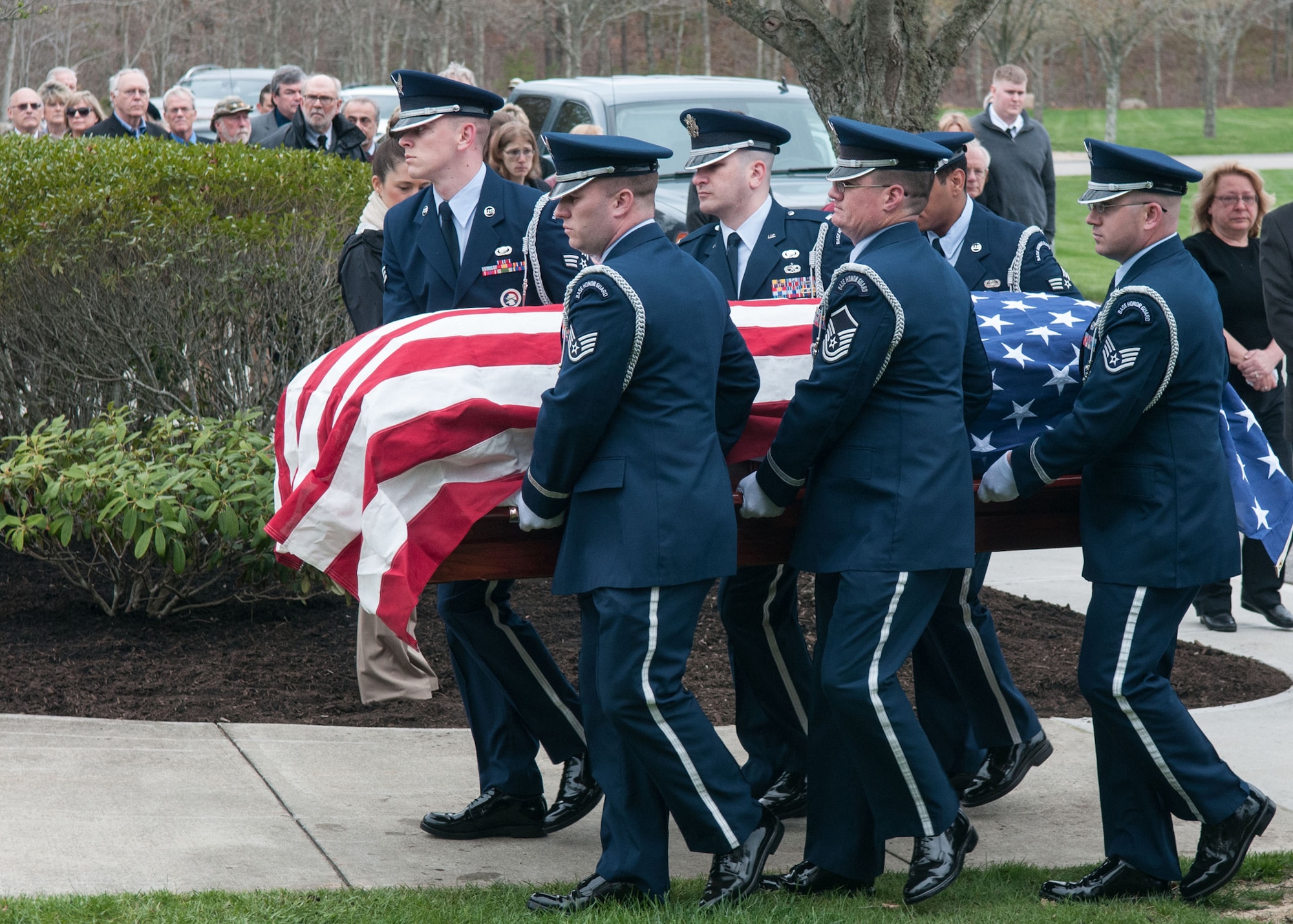 BOURNE, Mass. – Members of the Patriot Honor Guard from Hanscom Air Force Base, Mass. serve as pallbearers at the funeral for retired Lt. Col. James "Goody" Goodson, a World War II U.S. Army Air Corps ace and former prisoner of war, at Bourne Massachusetts National Veterans' Cemetery, May 9. Goodson, who passed away May 1 at age 93, was credited with 15 aerial kills and 15 ground kills during World War II. His honors include the Silver Star, nine awards of the Distinguished Flying Cross, the Purple Heart and 21 awards of the Air Medal. (U.S. Air Force photo by Mark Herlihy)